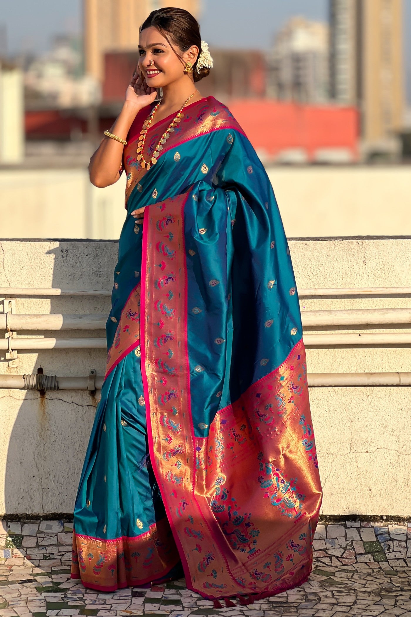 Buy MySilkLove Metallic Seaweed Blue Woven Lotus Paithani Saree Online