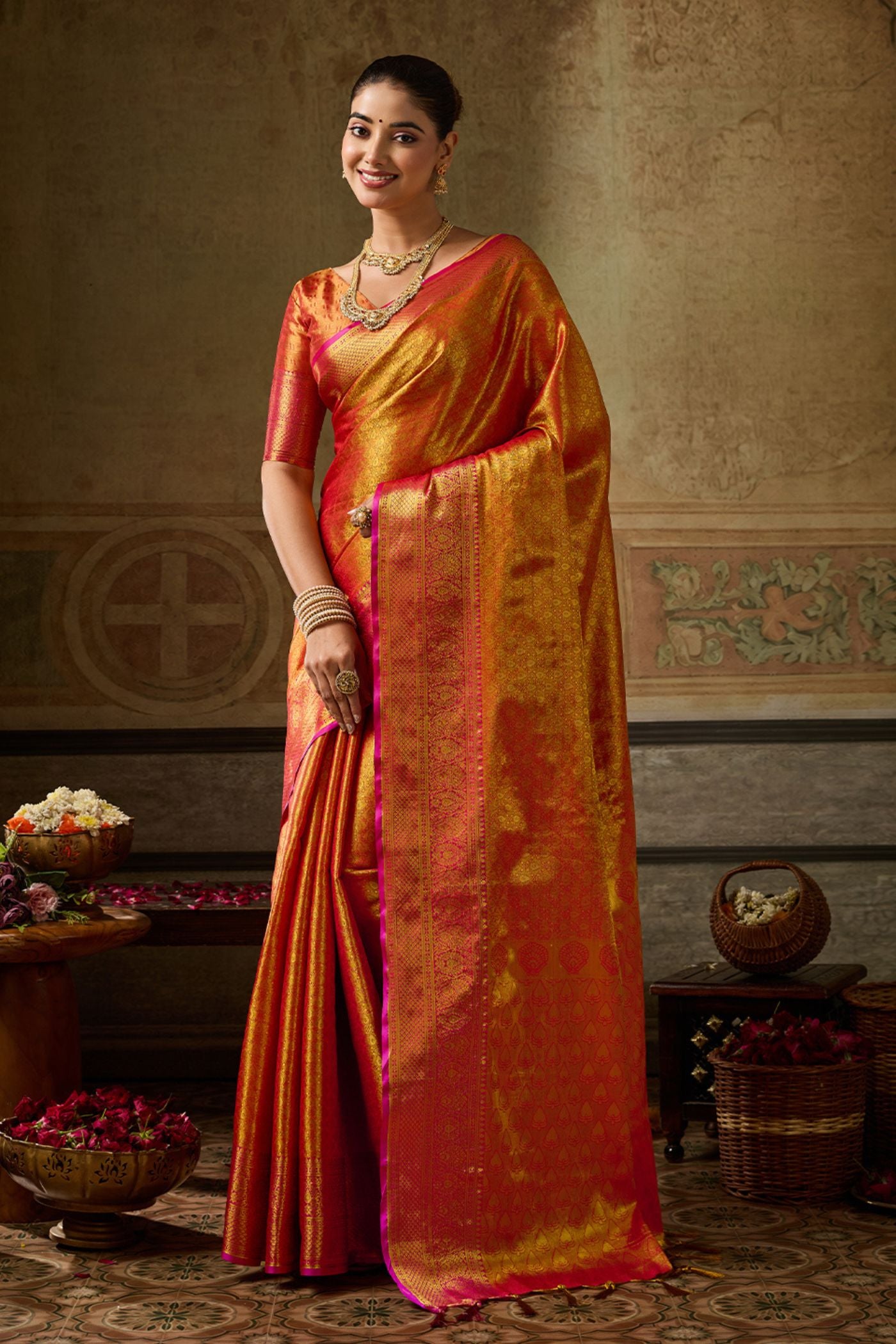 Buy MySilkLove Papaya Orange Woven Kanjivaram Saree Online