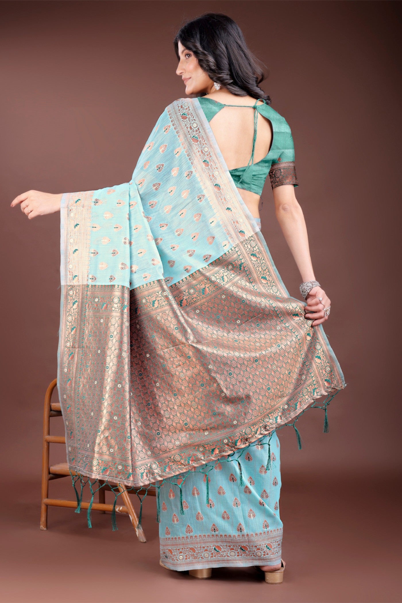 Buy MySilkLove Aqua Blue Linen Cotton Saree Online