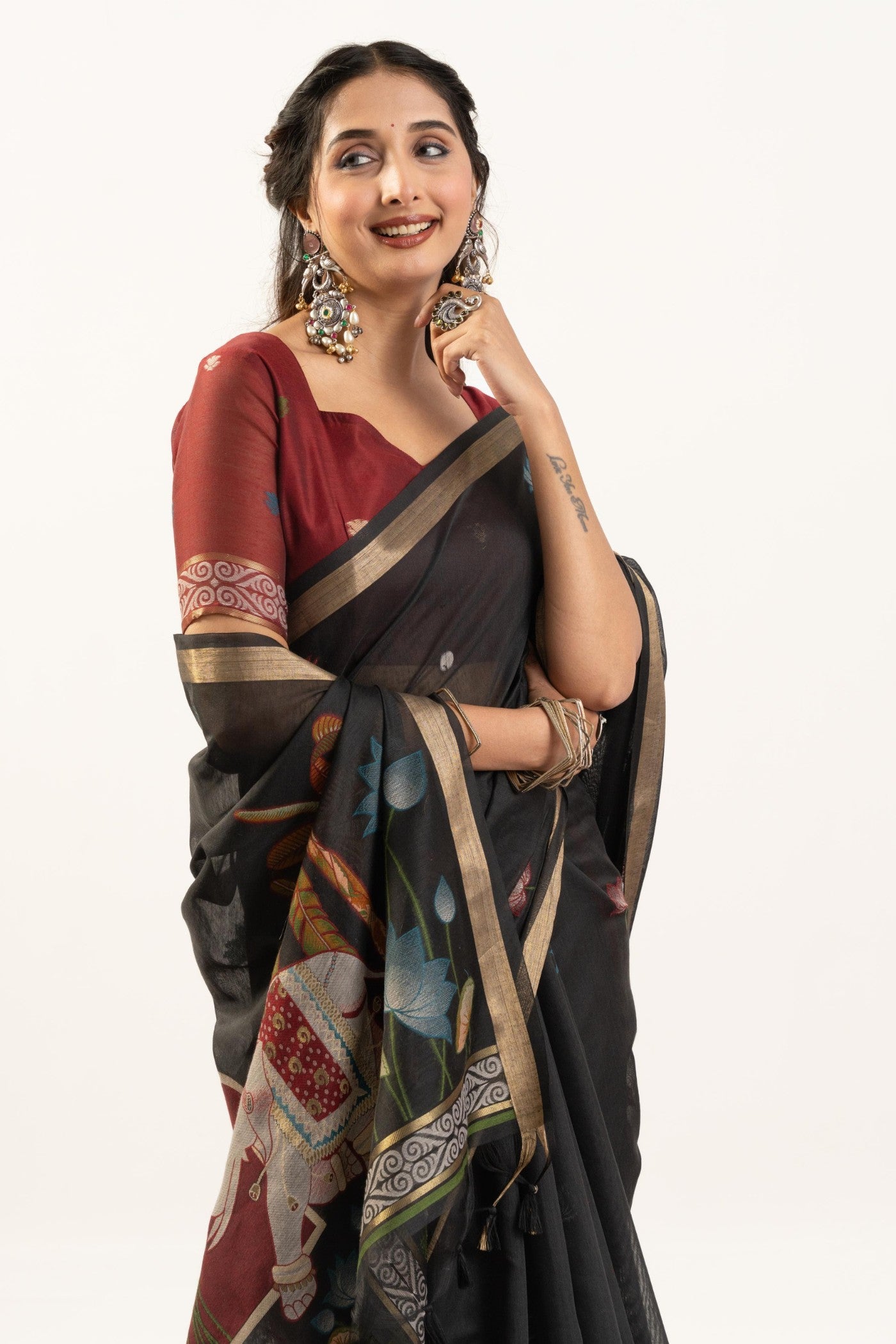 Buy MySilkLove Eclipse Black Woven Soft Muga Cotton Saree Online
