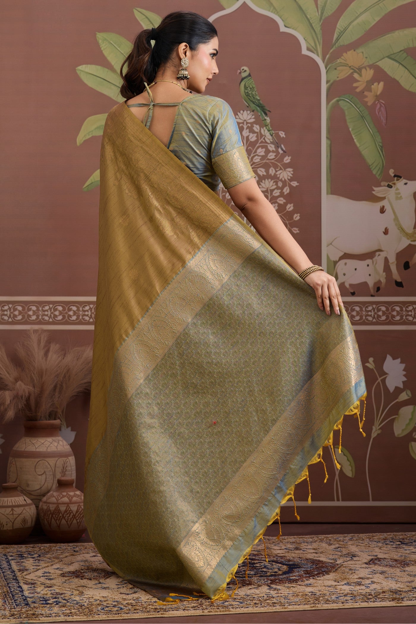 Buy MySilkLove Sage Green Banarasi Handloom Tussar Saree Online