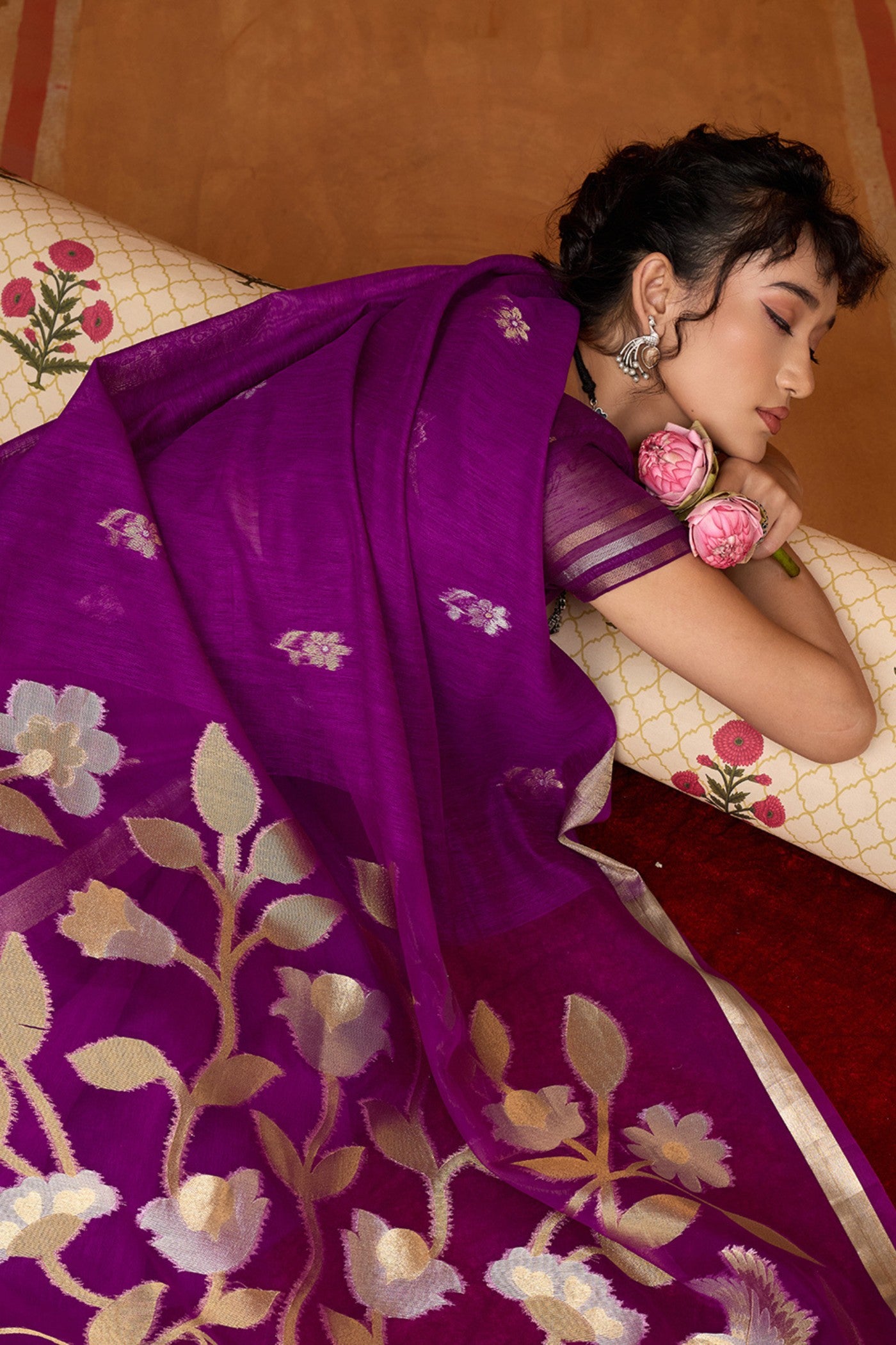 Buy MySilkLove Daisy Purple Handloom Munga Cotton Saree Online