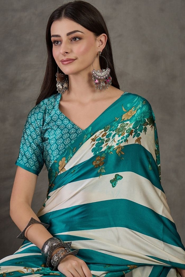 MySilkLove Water Blue Stripe Printed Floral Satin Gaji Silk Saree