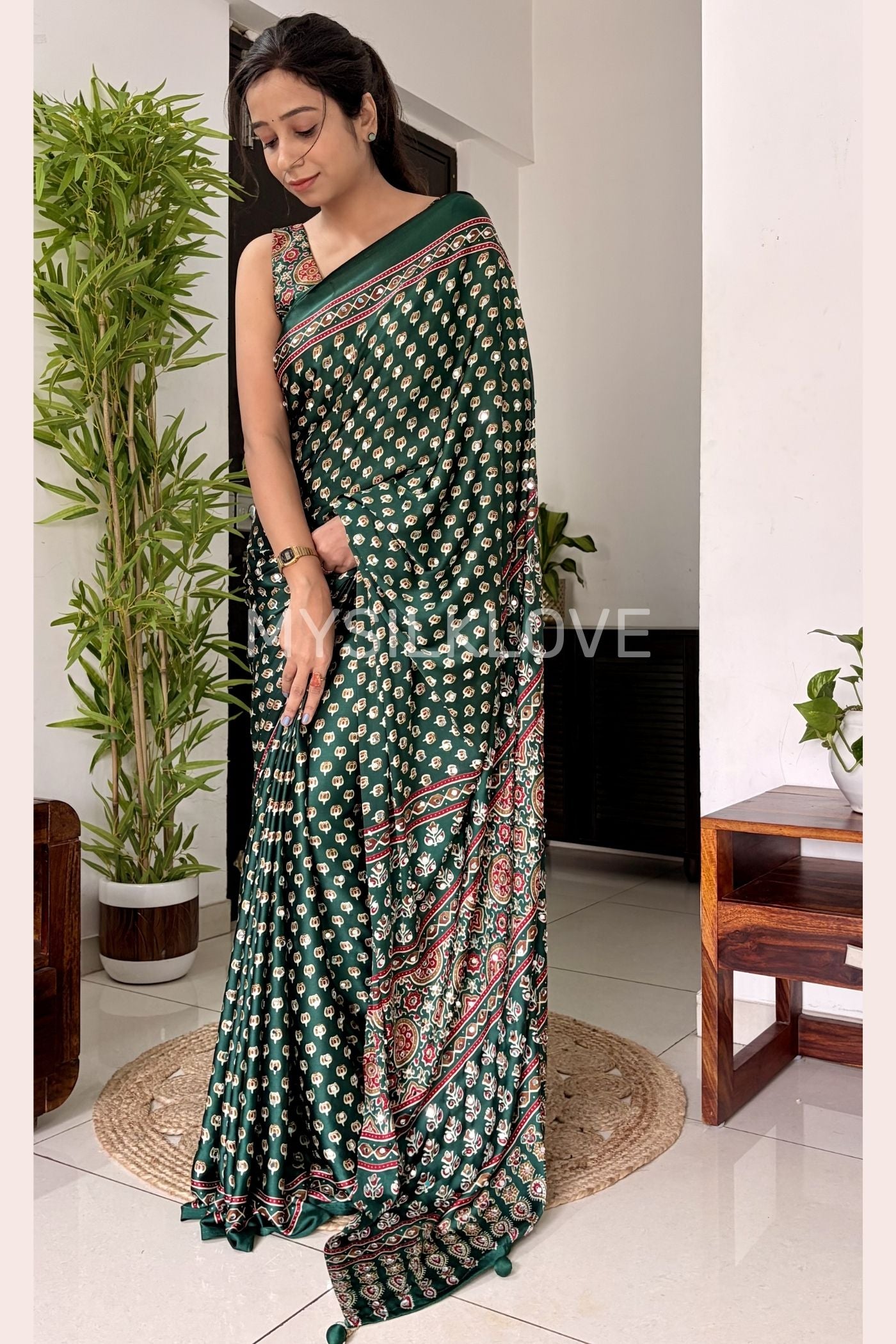 Buy MySilkLove Bottle Green Ajrakh Printed Mirror Work satin Saree Online