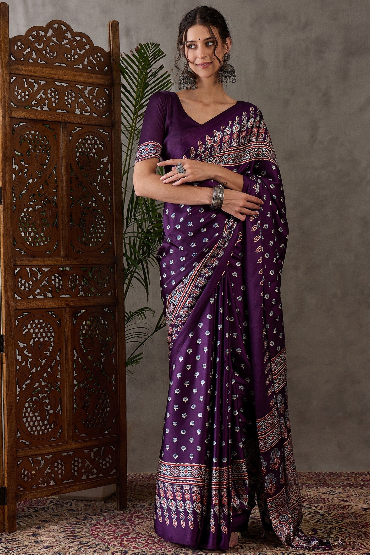 Buy MySilkLove Jamun Purple Printed Satin Gaji Silk Saree Online