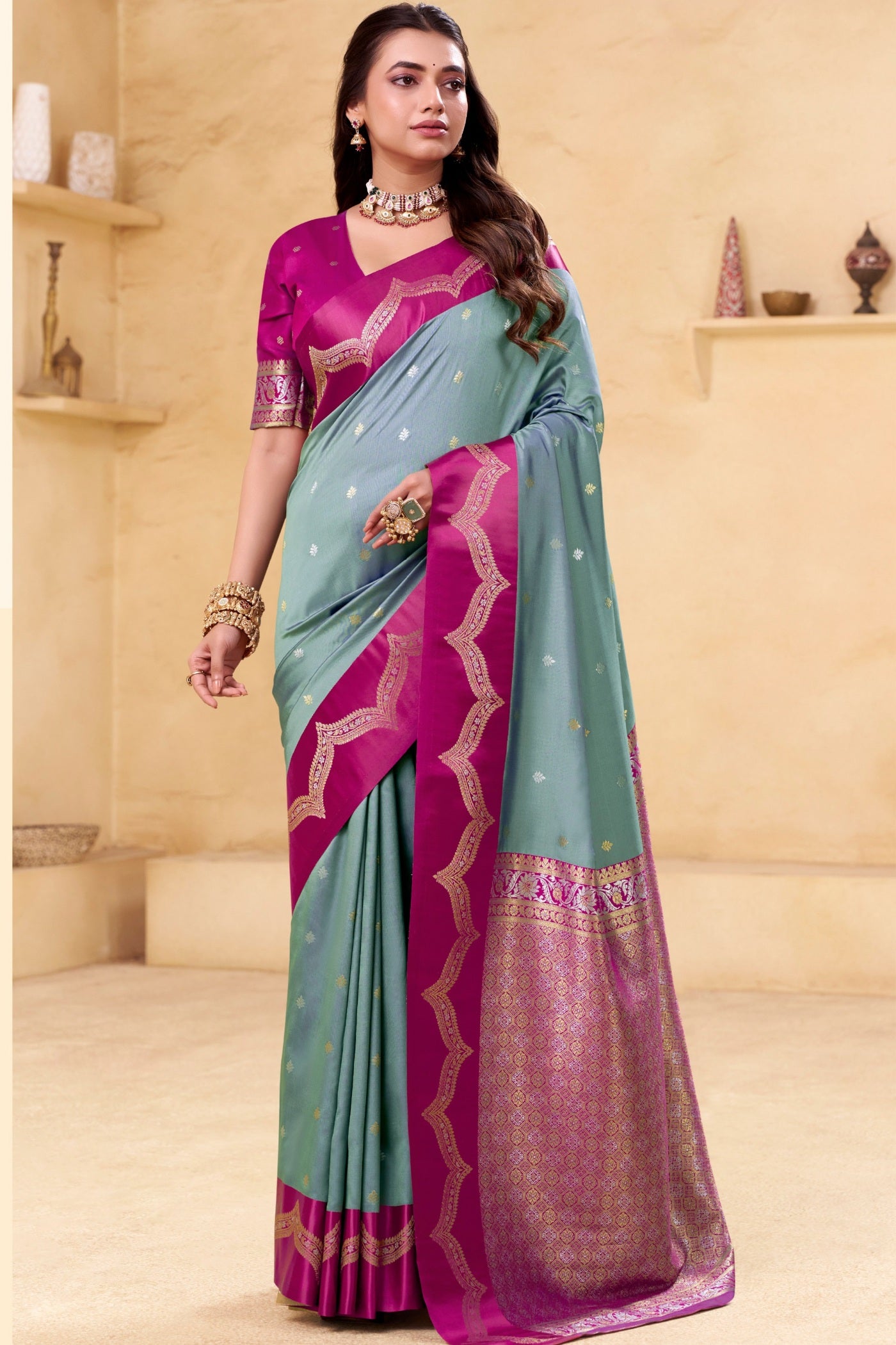 Buy MySilkLove Santas Grey Woven Banarasi Satin Soft Silk Saree Online