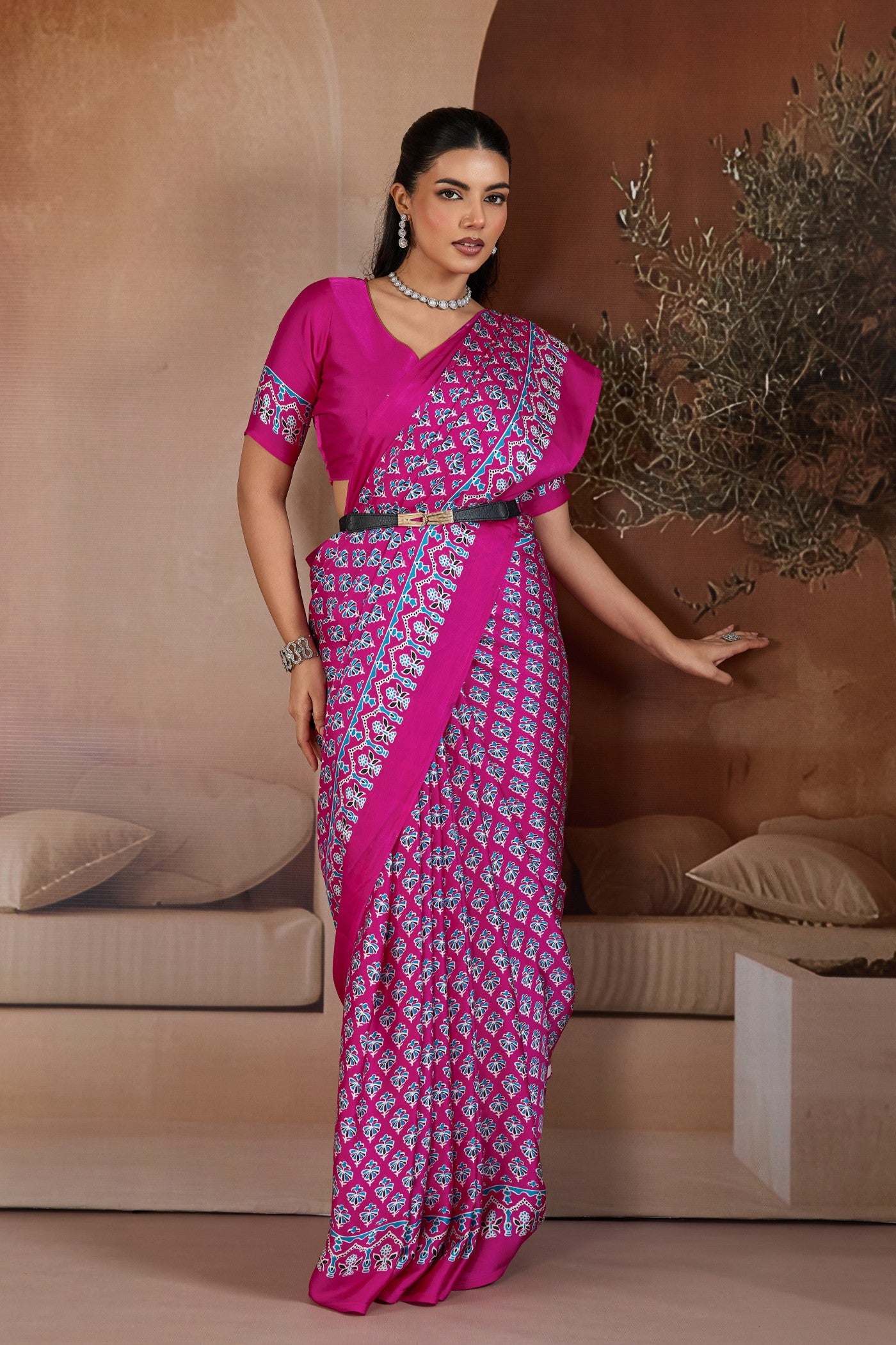 Buy MySilkLove Rajwadi Pink Ajrakh Printed Satin Crepe Silk Saree Online