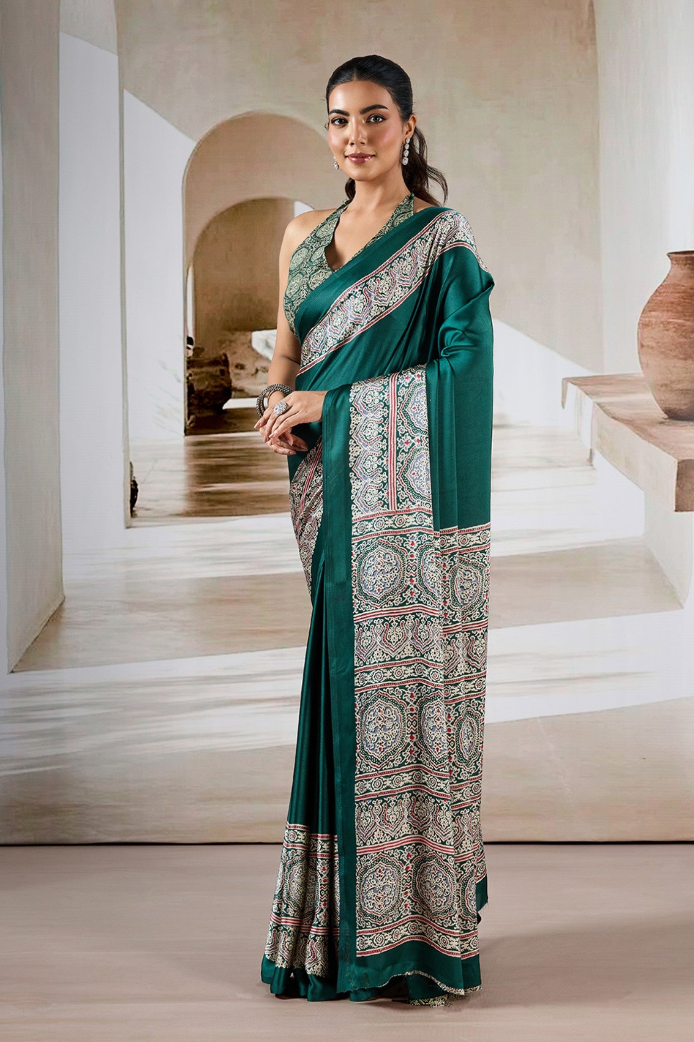 Buy MySilkLove Ainsley Green Ajrakh Printed Satin Crepe Silk Saree Online