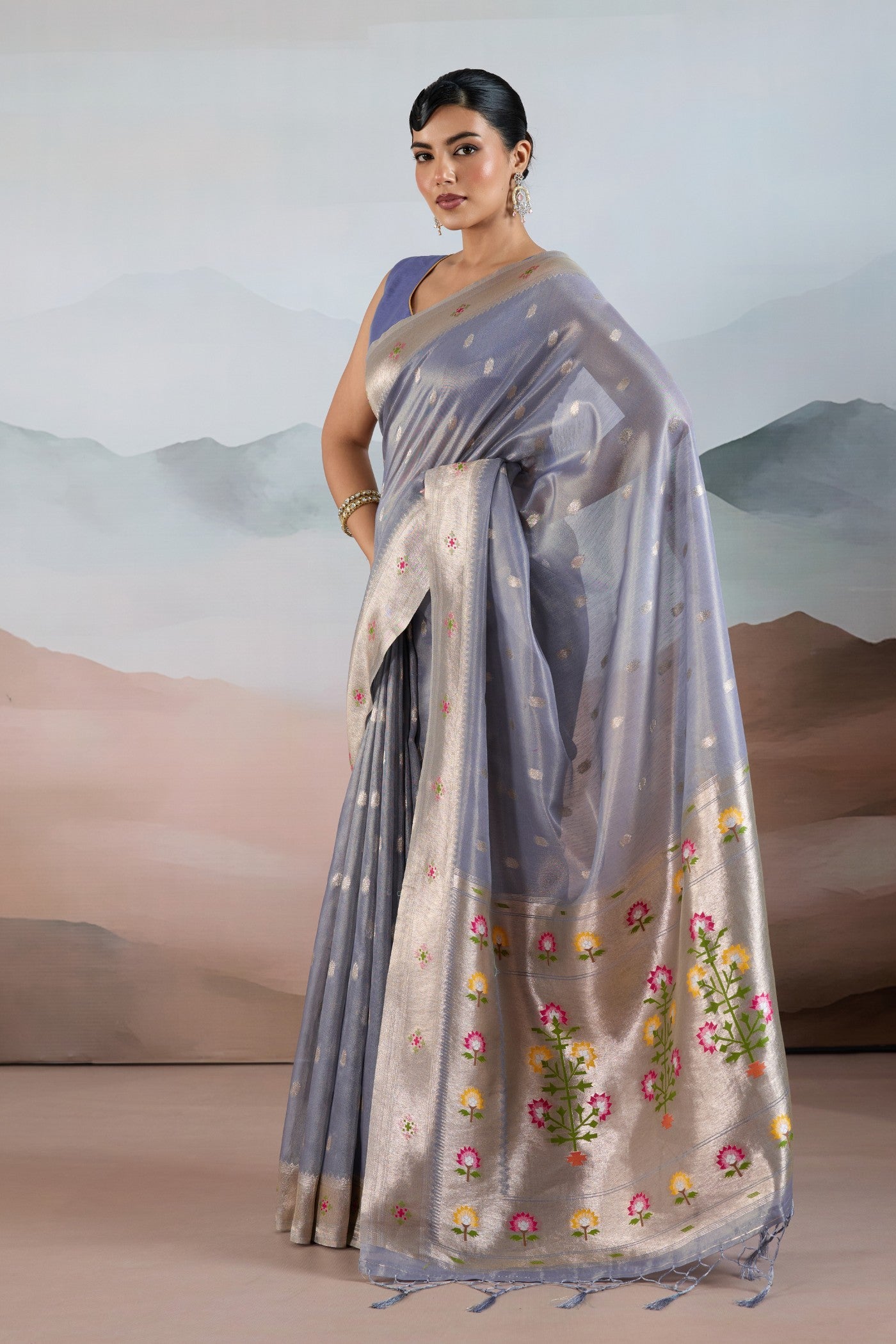 Buy MySilkLove Opaline Grey Zari Woven Tissue Paithani Saree Online