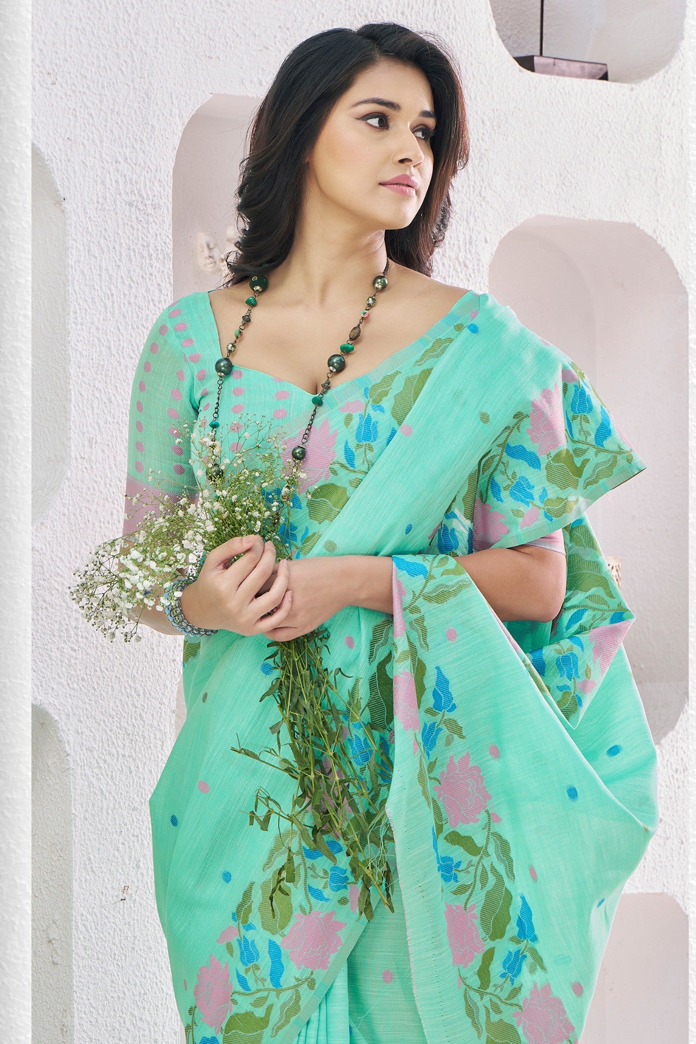 Buy MySilkLove Monte Carlo Green Printed Linen Saree Online