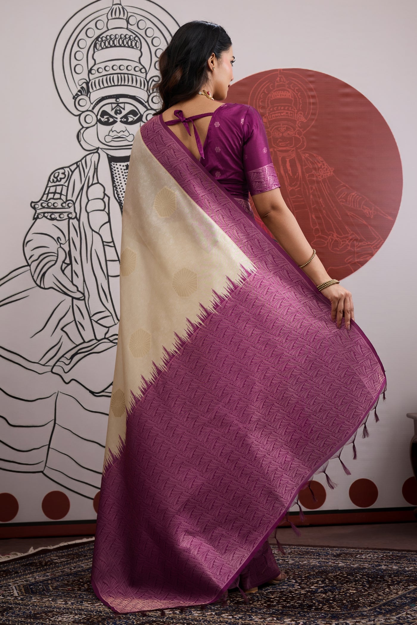 Buy MySilkLove Egg Nog Cream and Purple Handloom South Silk Saree Online