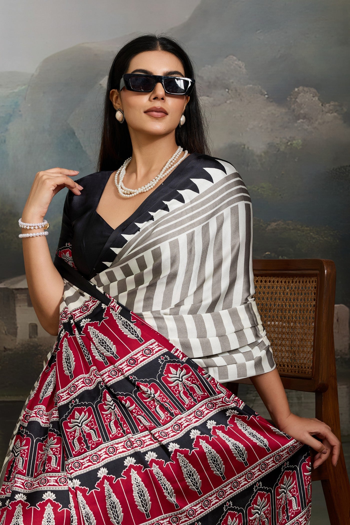 MySilkLove Cornsilk White and Black Ajrakh Printed Satin Crepe Silk Saree