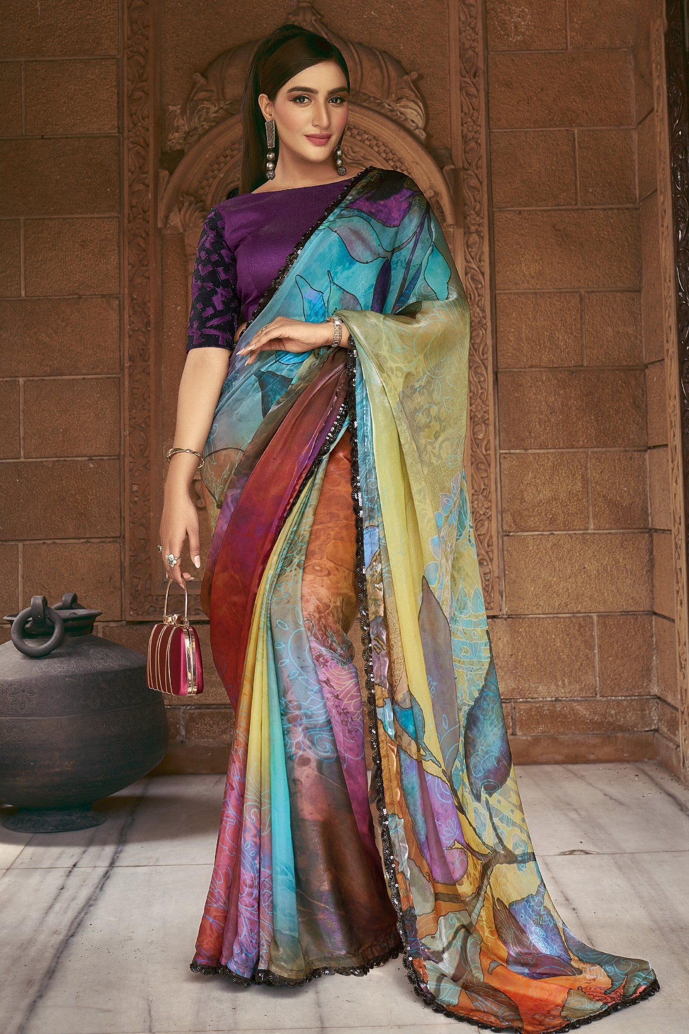 Buy MySilkLove Multicolor Blue Satin Printed Silk Saree Online