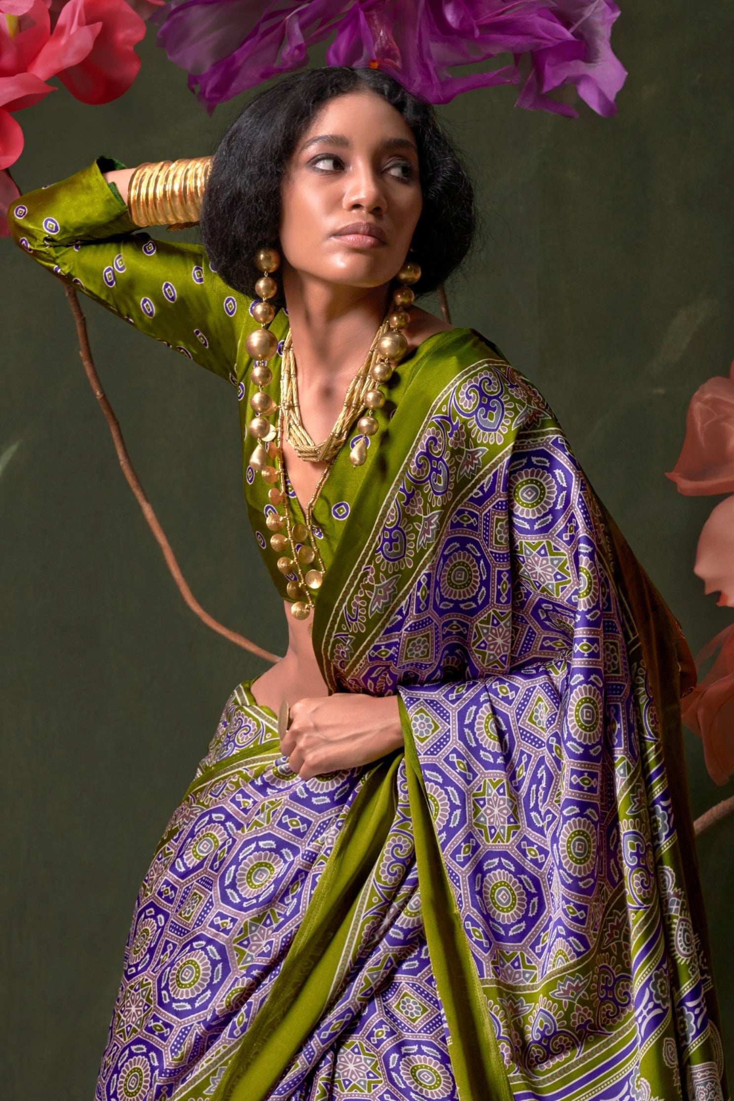 Buy MySilkLove Veronica Purple and Green Ajrakh Printed Satin Crepe Silk Saree Online