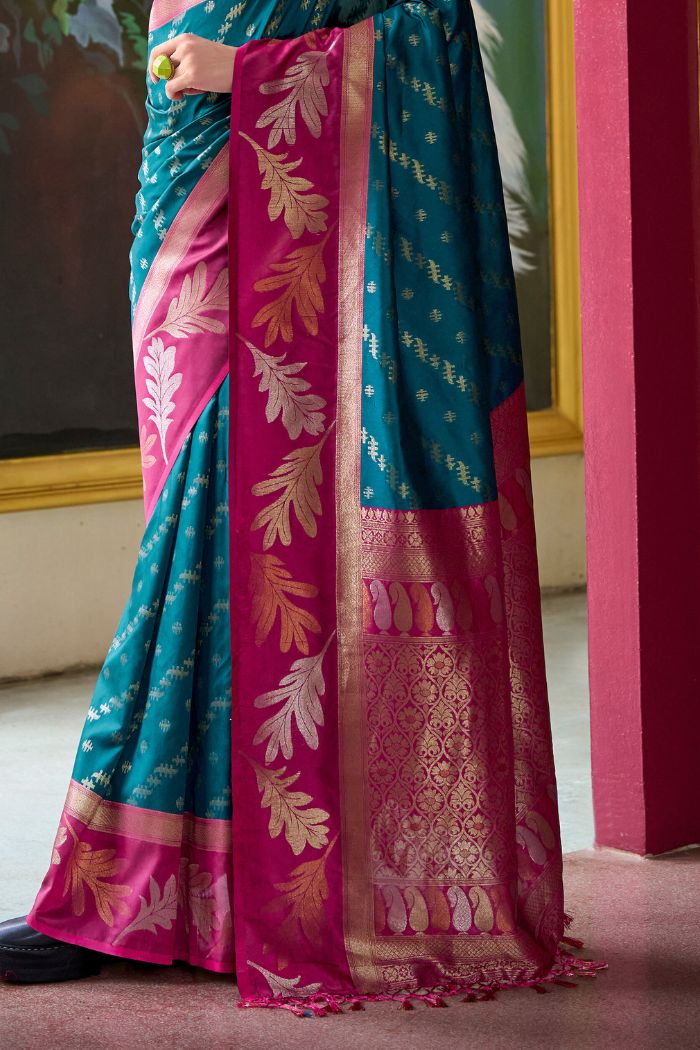 Buy MySilkLove Tarawera Blue and Pink Banarasi Soft Silk Saree Online