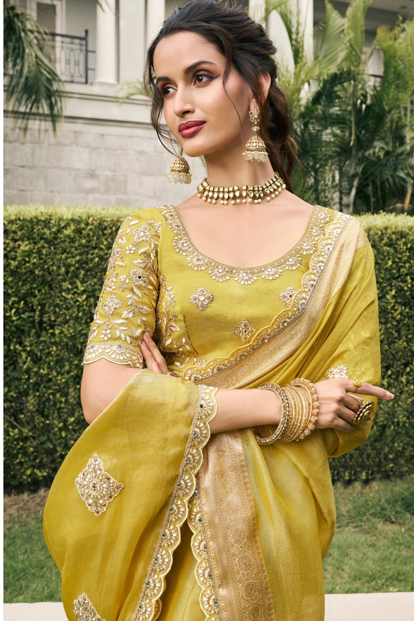 Buy MySilkLove Tussock Yellow Banarasi Designer Embroidered Saree Online