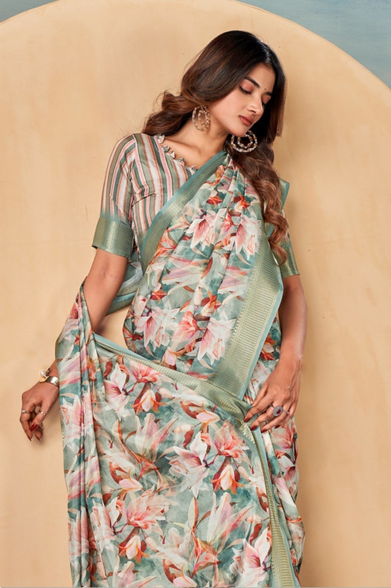 MySilkLove Bud Green Banarasi Digital Printed Saree