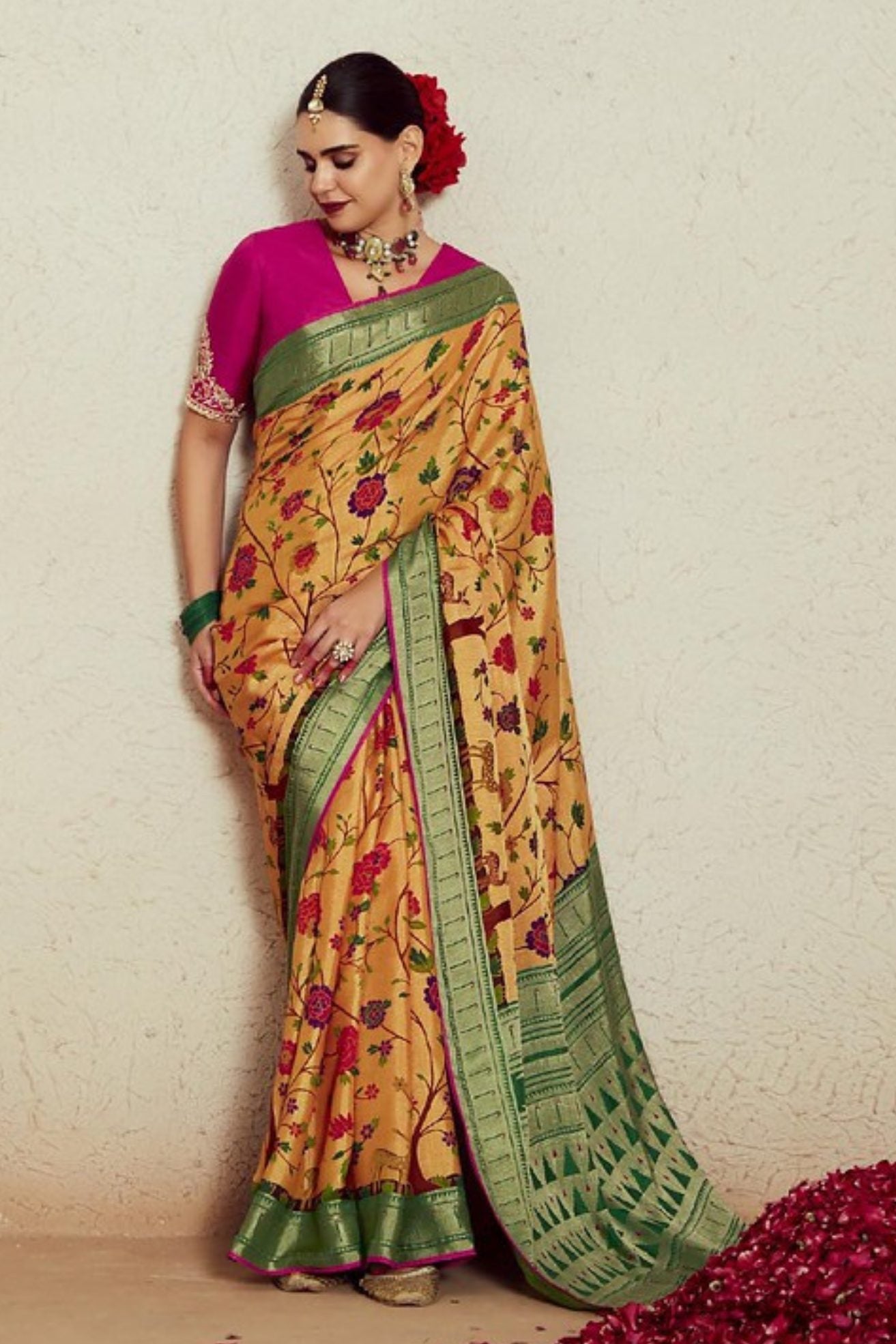 Buy MySilkLove Equator Yellow Printed Brasso Soft Silk Saree Online