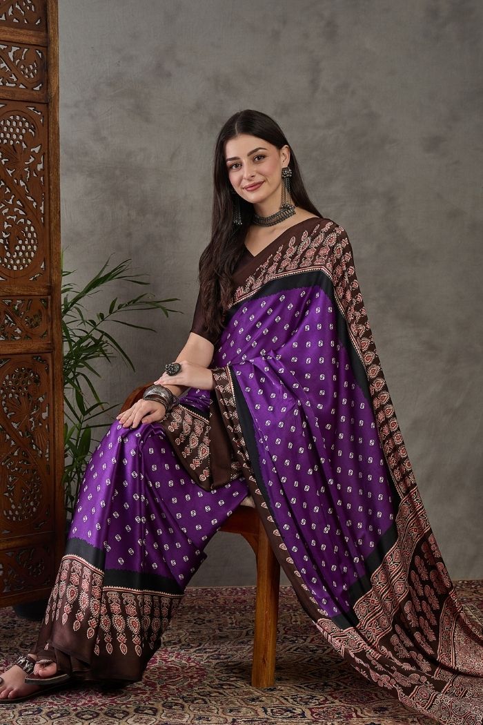 MySilkLove Dark Violet Purple Ajrakh Printed Satin Gaji Silk Saree