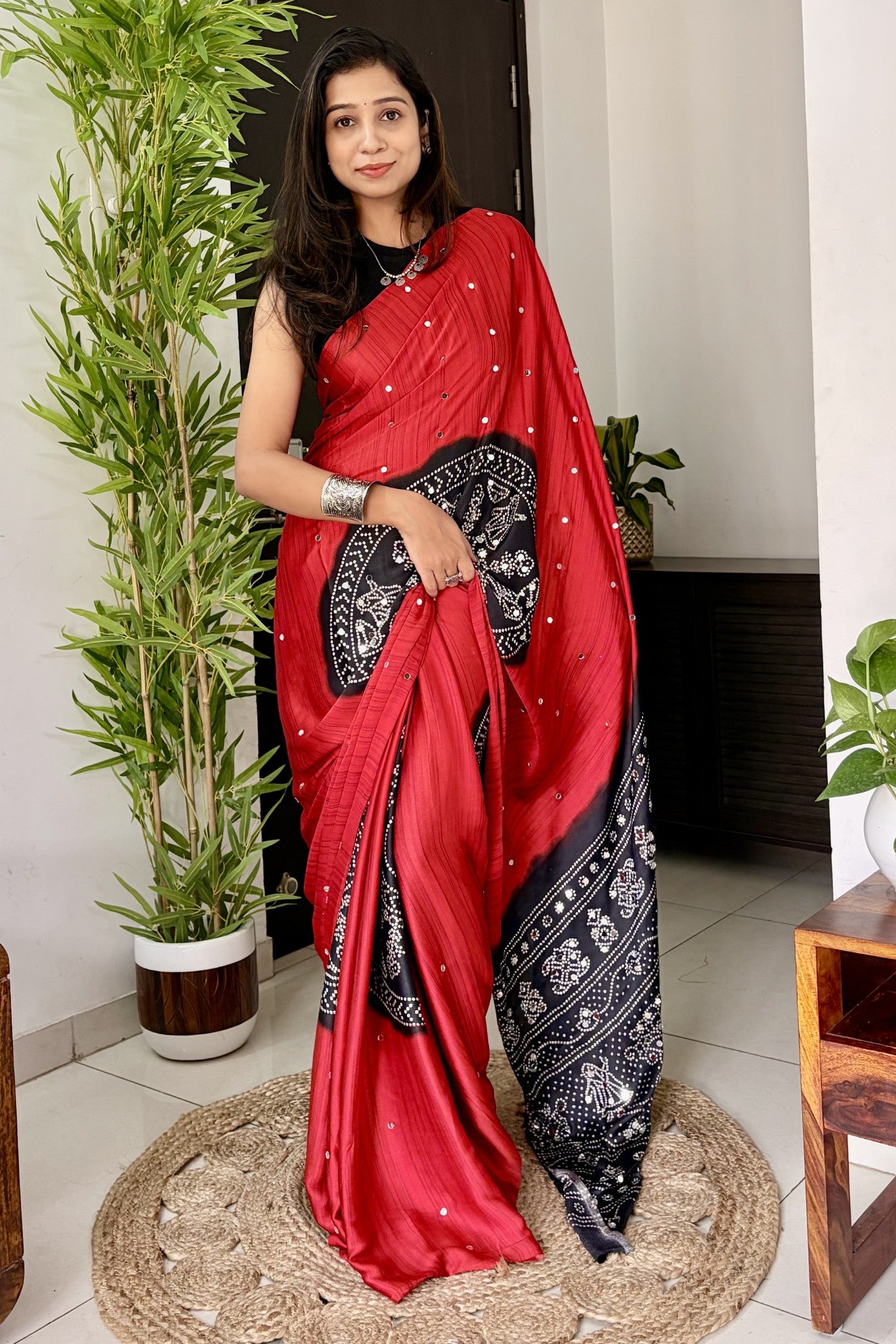Buy MySilkLove Ruby Red and Black Gaji Bandej Satin Soft Silk Saree Online