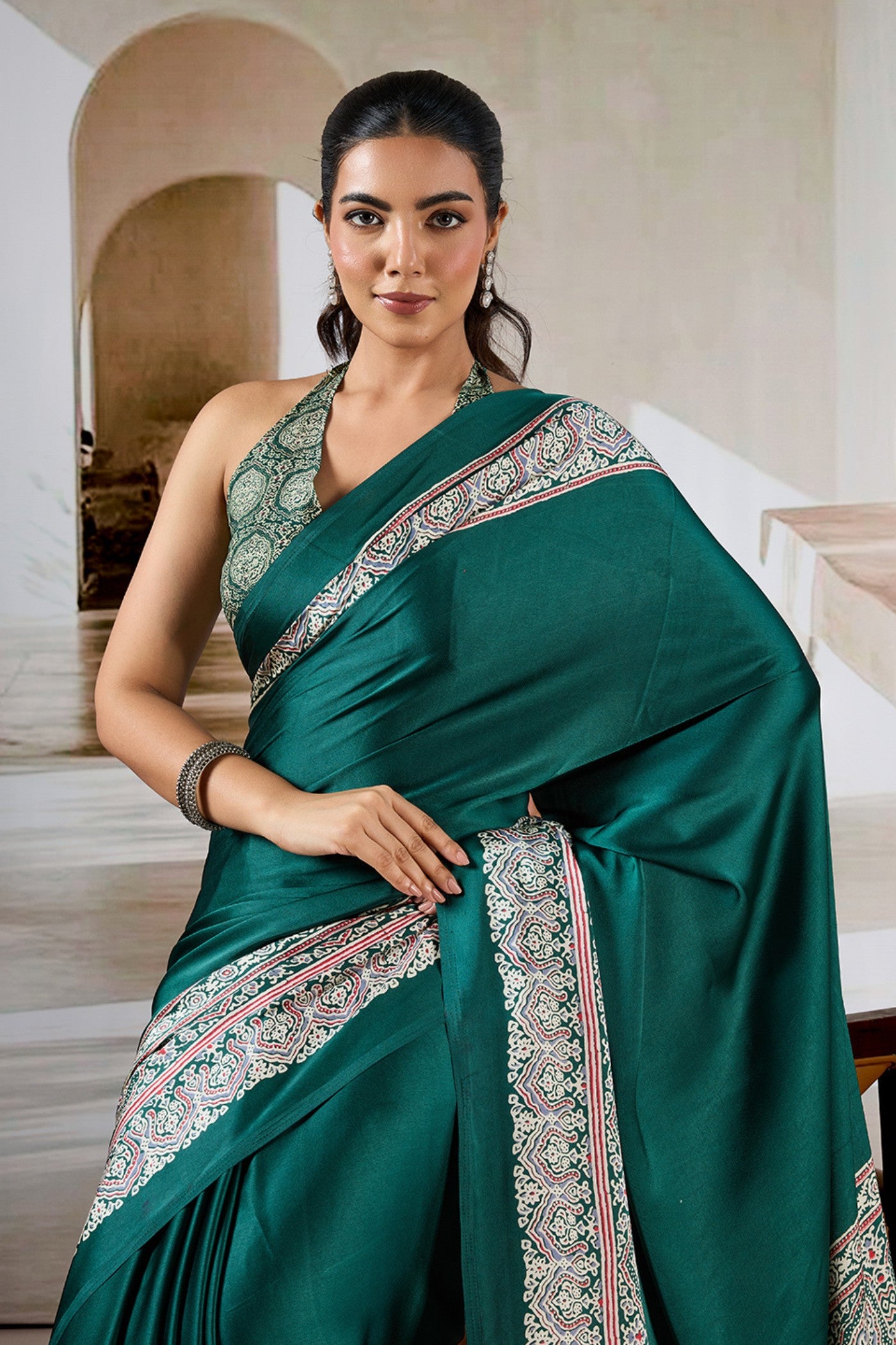 MySilkLove Ainsley Green Ajrakh Printed Satin Crepe Silk Saree