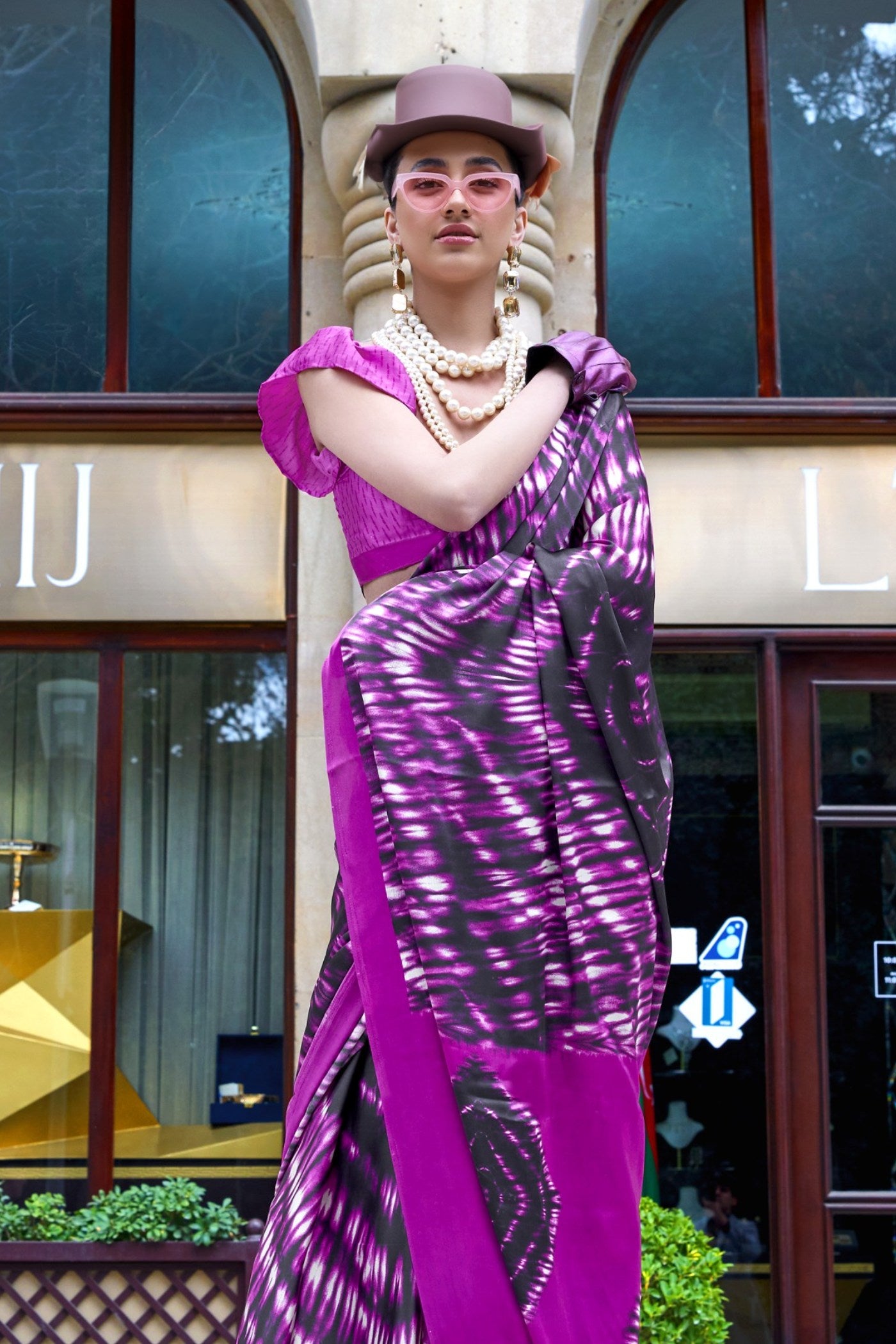 MySilkLove Magenta Purple Printed Satin Crepe Silk Saree