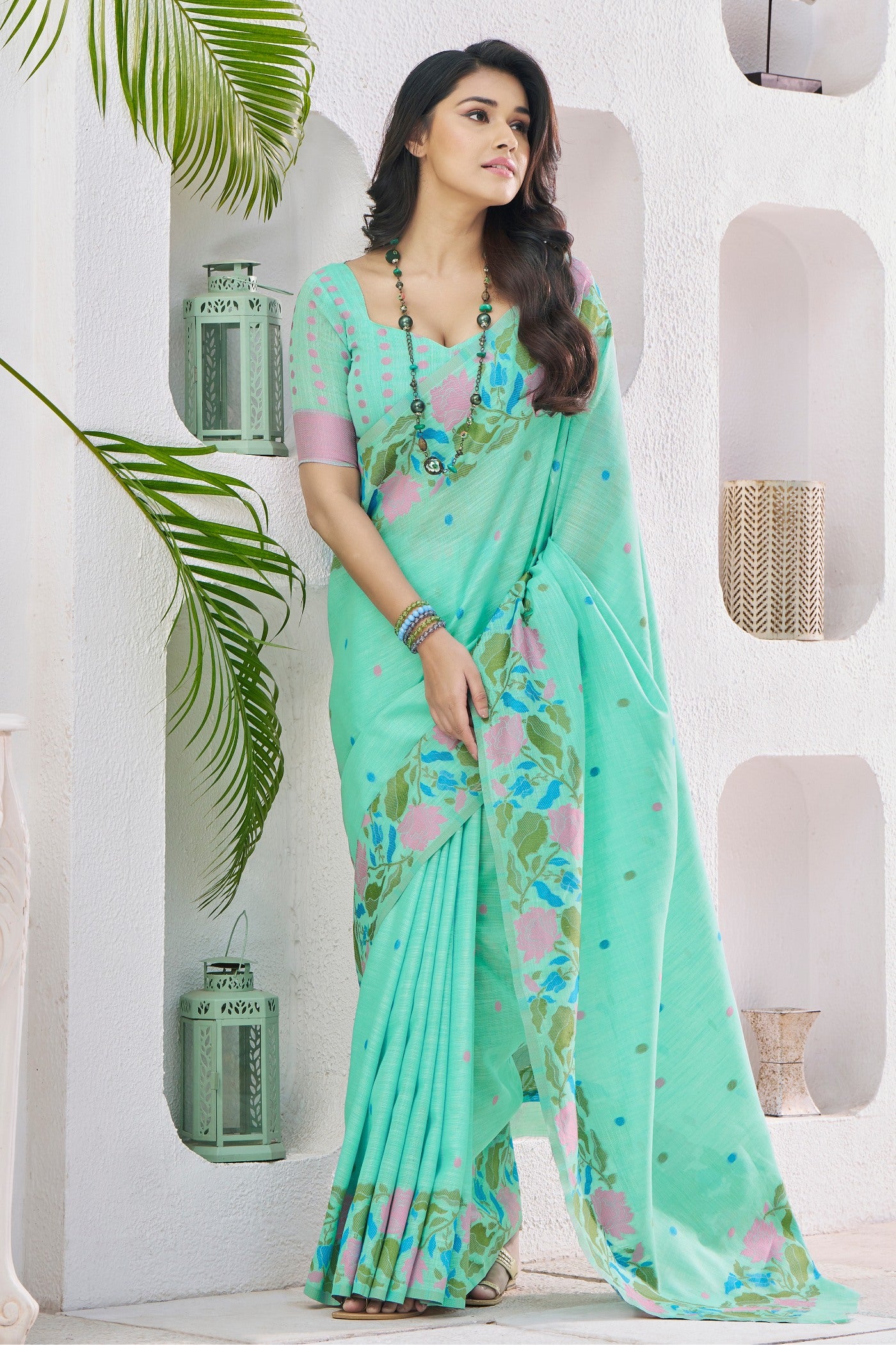 Buy MySilkLove Monte Carlo Green Printed Linen Saree Online