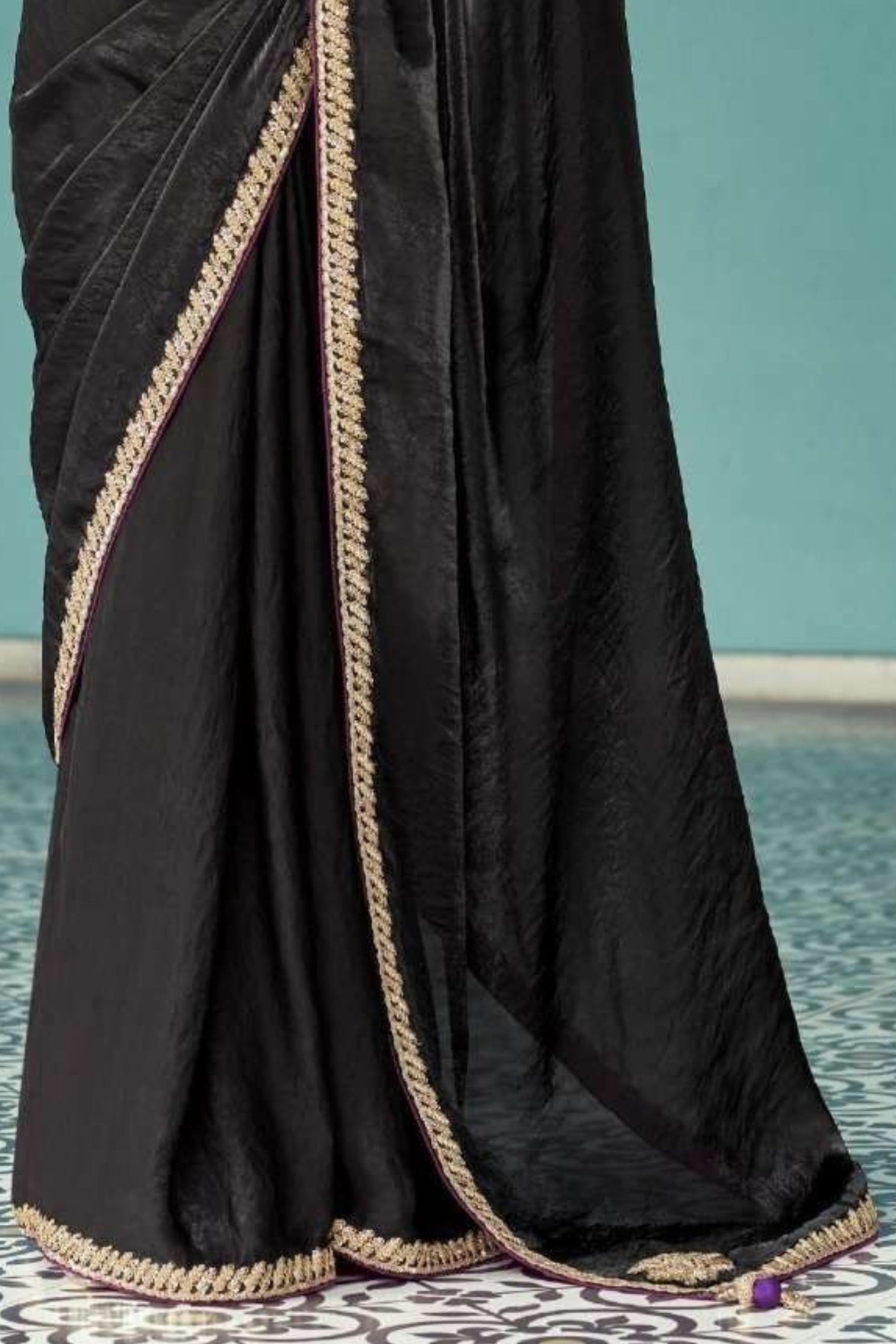 Buy MySilkLove Gunmetal Black Embroidered Tissue Designer Saree Online