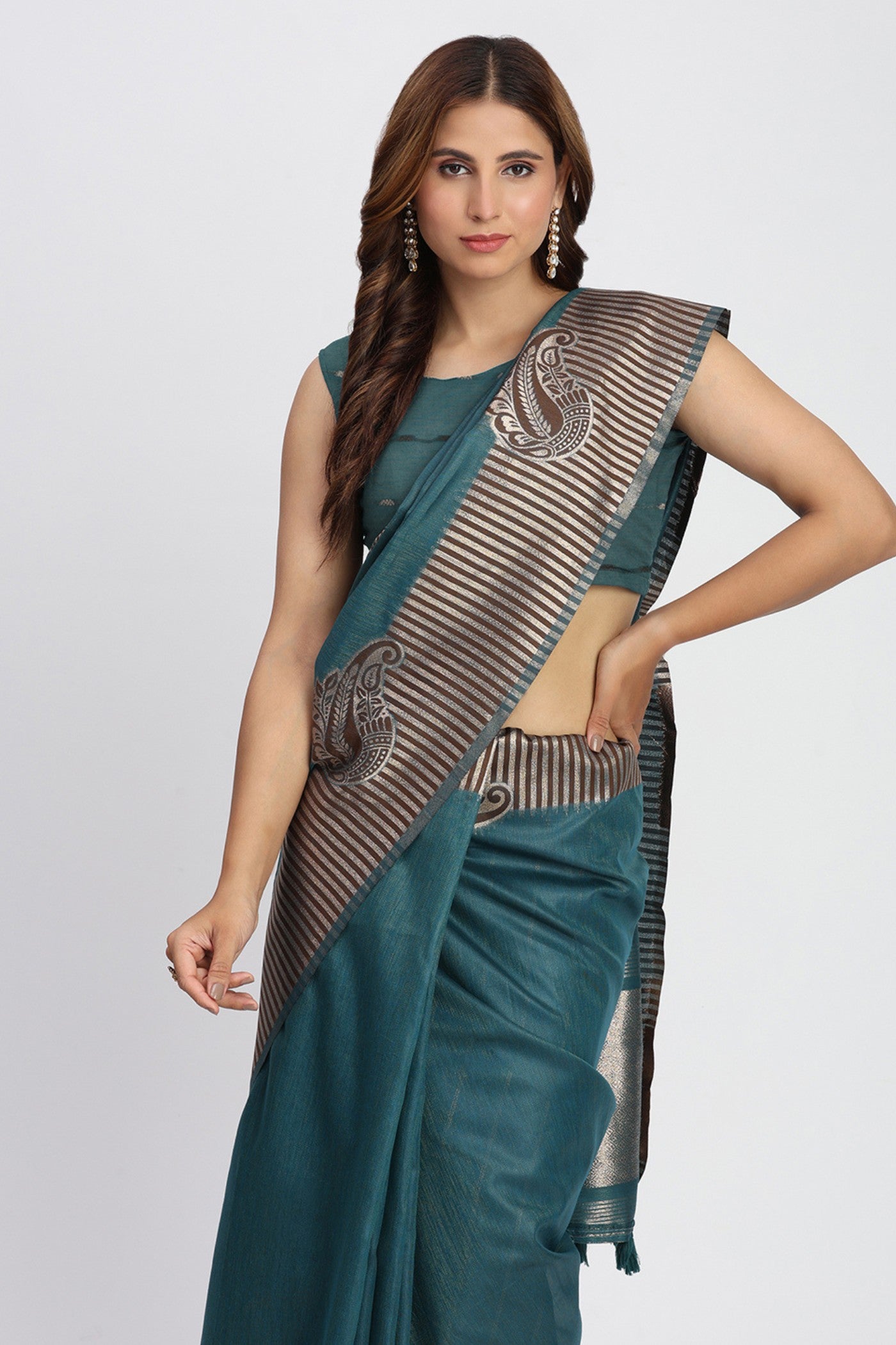 MySilkLove Myrtle Green Woven Linen Cotton Saree