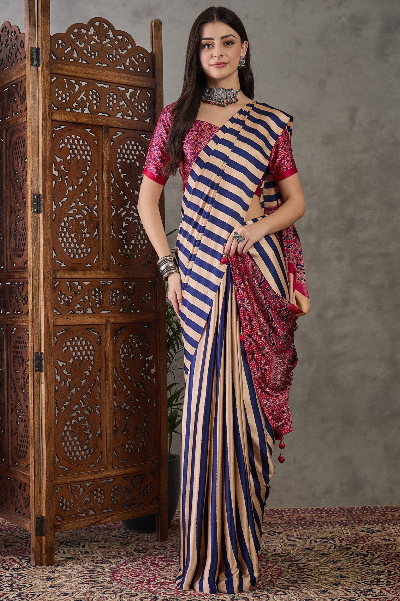 Buy MySilkLove Sapphire Blue Stripe Ajrakh Printed Satin Gaji Silk Saree Online