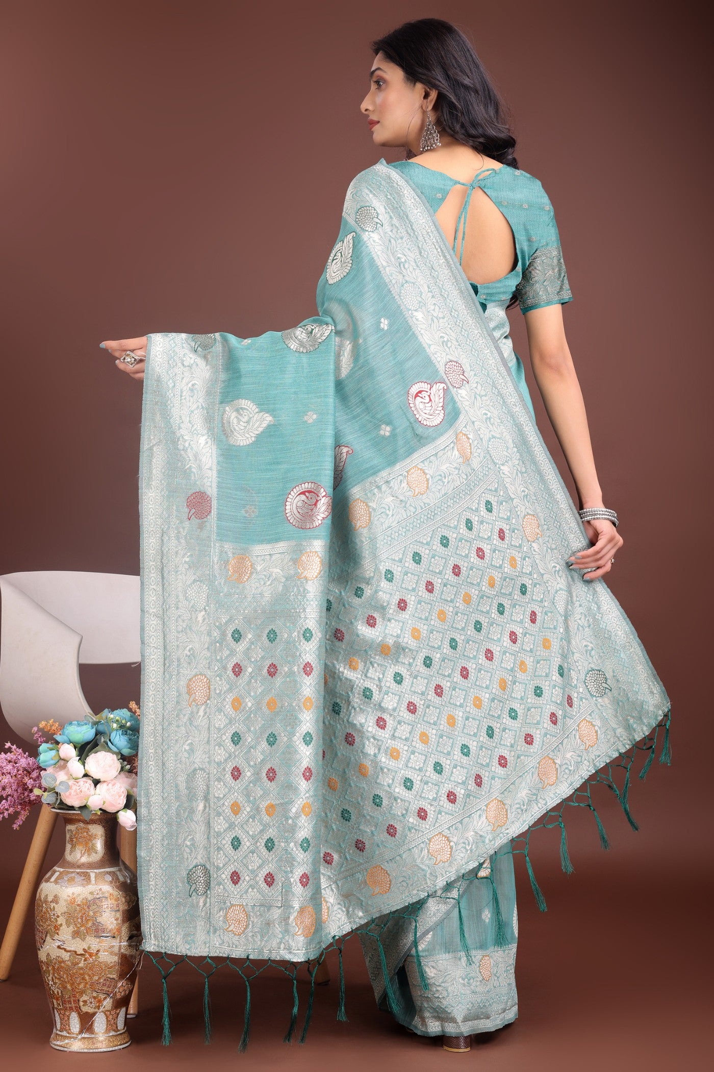 Buy MySilkLove Pacific Blue Linen Cotton Saree Online