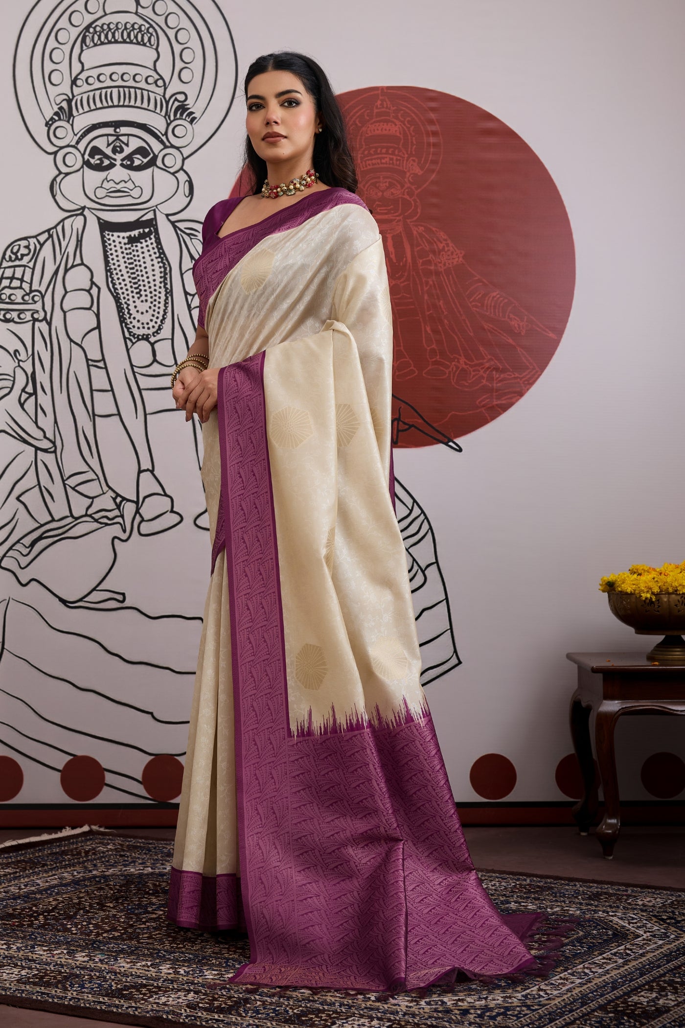 Buy MySilkLove Egg Nog Cream and Purple Handloom South Silk Saree Online