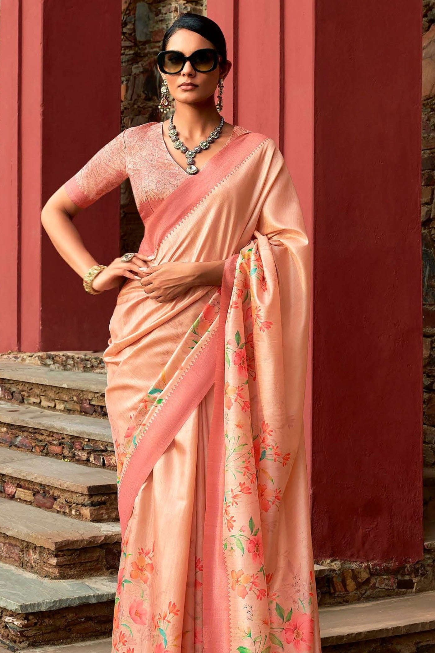 Buy MySilkLove Sandstone Orange Digital Printed Banarasi Saree Online