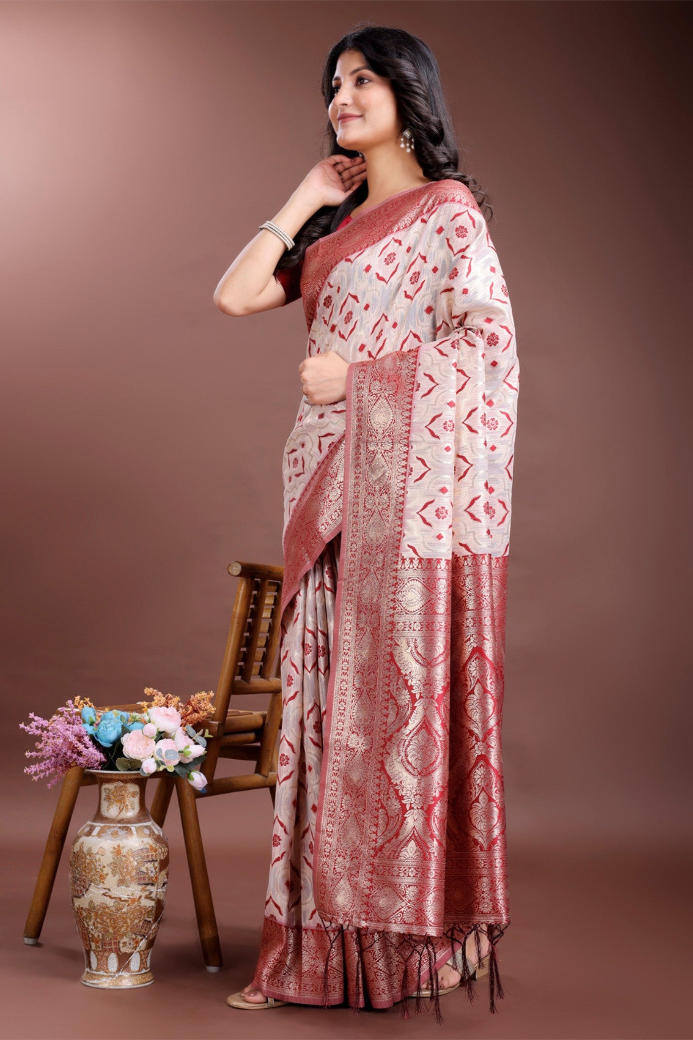 Buy MySilkLove Ruby Red and White Linen Cotton Saree Online