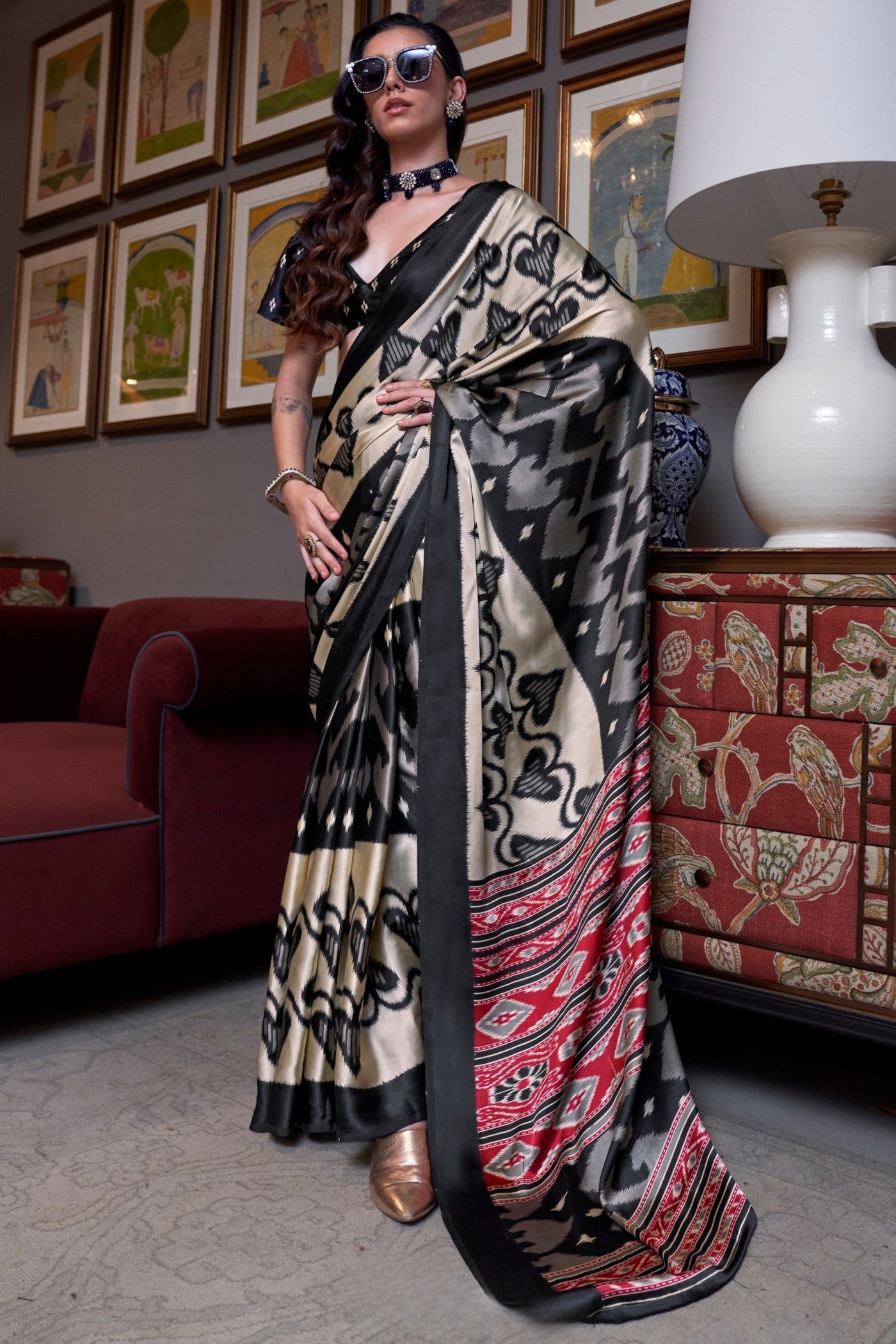 Buy MySilkLove Rich Black and Cream Patola Printed Satin Crepe Saree Online