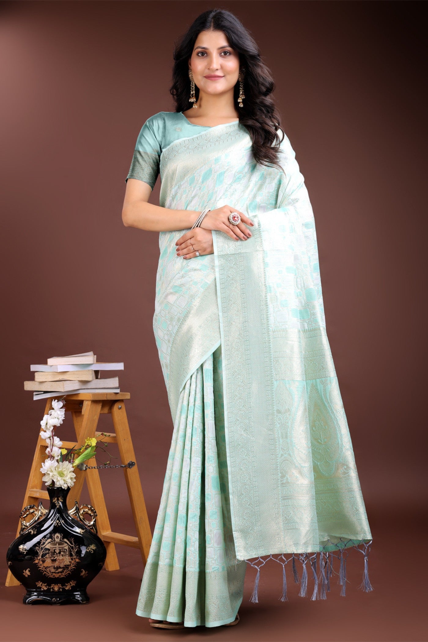 Buy MySilkLove Celadon Green Woven Linen Cotton Saree Online