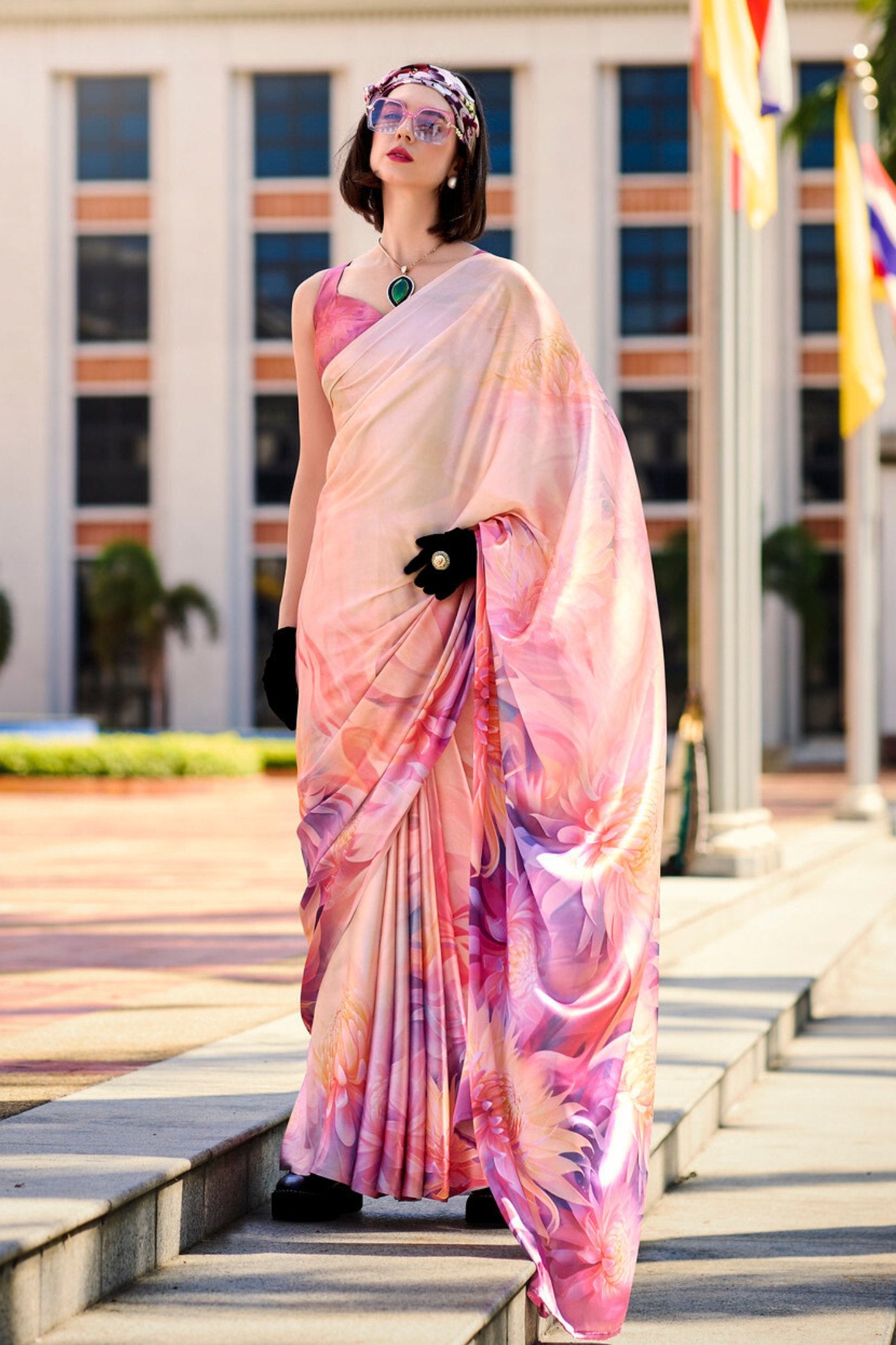 Buy MySilkLove Hopbush Pink Printed Satin Crepe Silk Saree Online