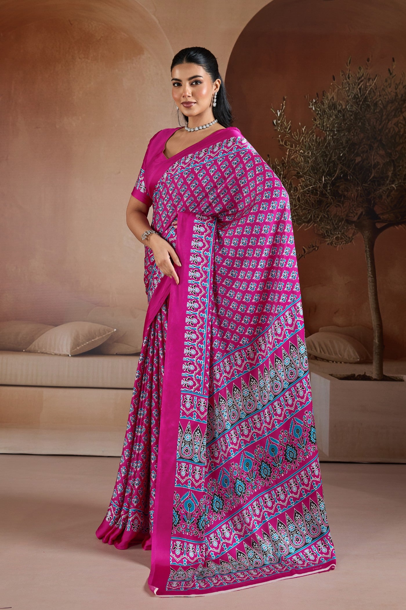 Buy MySilkLove Rajwadi Pink Ajrakh Printed Satin Crepe Silk Saree Online
