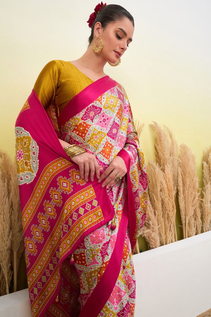MySilkLove Watermelon Pink Patola Printed Satin Crepe Silk Saree