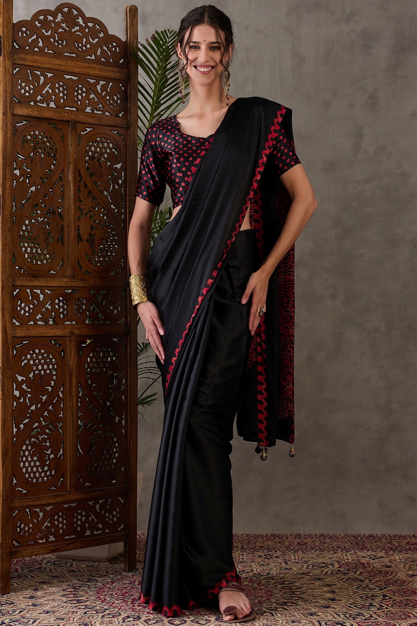 Buy MySilkLove Coal Black Printed Satin Gaji Silk Saree Online