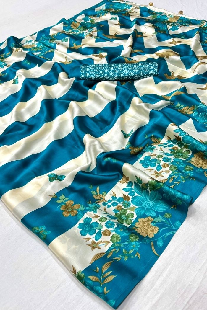 Buy MySilkLove Water Blue Stripe Printed Floral Satin Gaji Silk Saree Online