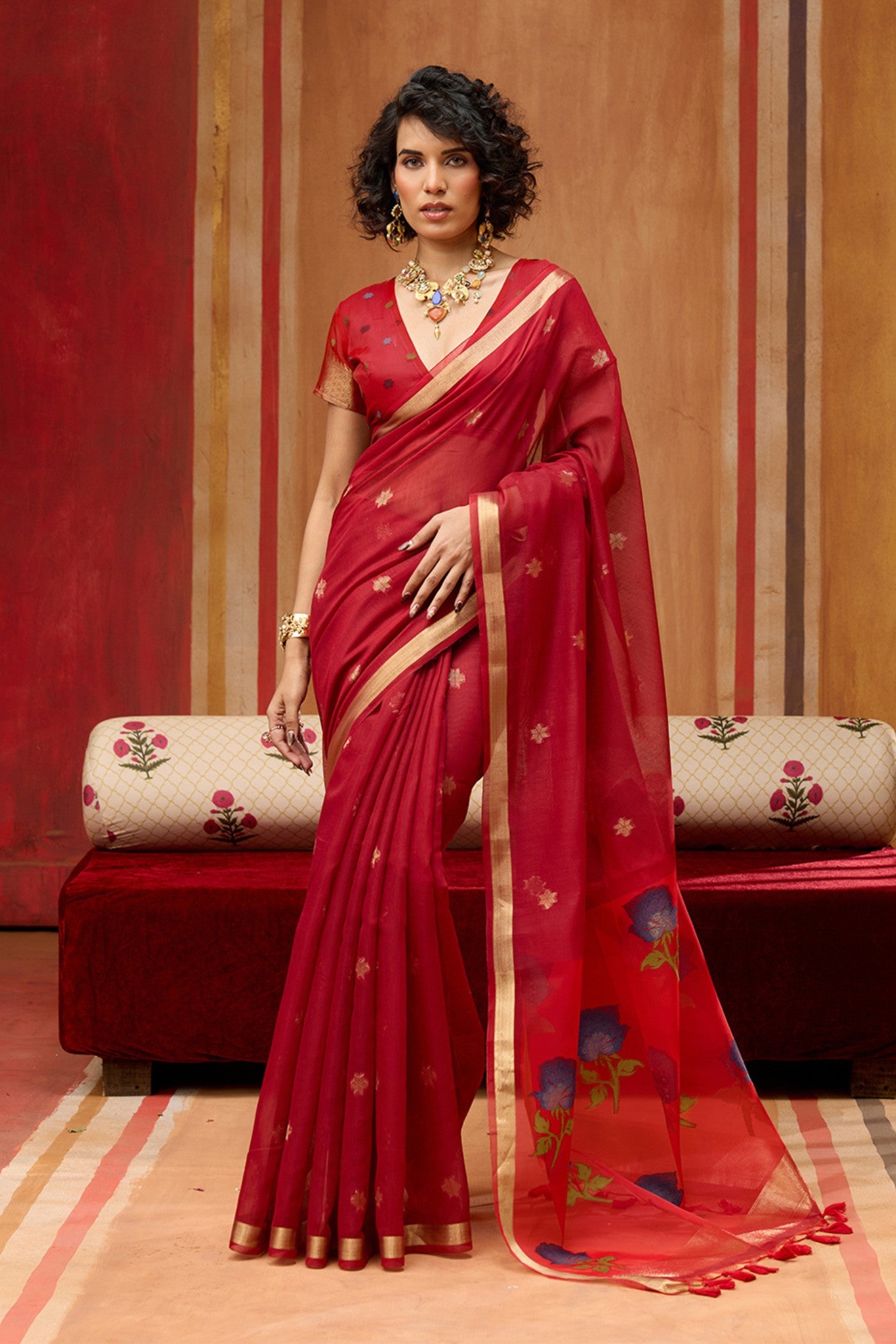 Buy MySilkLove Wine Red Handloom Muga Cotton Saree Online