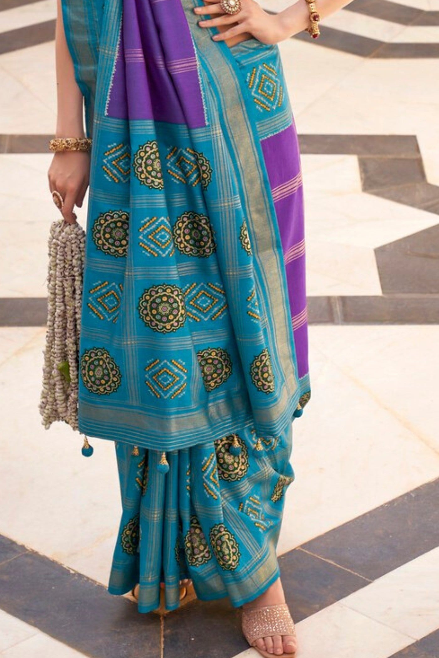 Buy MySilkLove Crocus Purple and Blue Printed Patola Saree Online