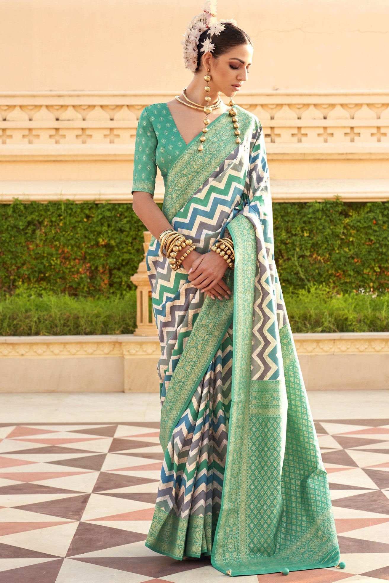 Buy MySilkLove Summer Green Woven Patola Printed Silk Saree Online