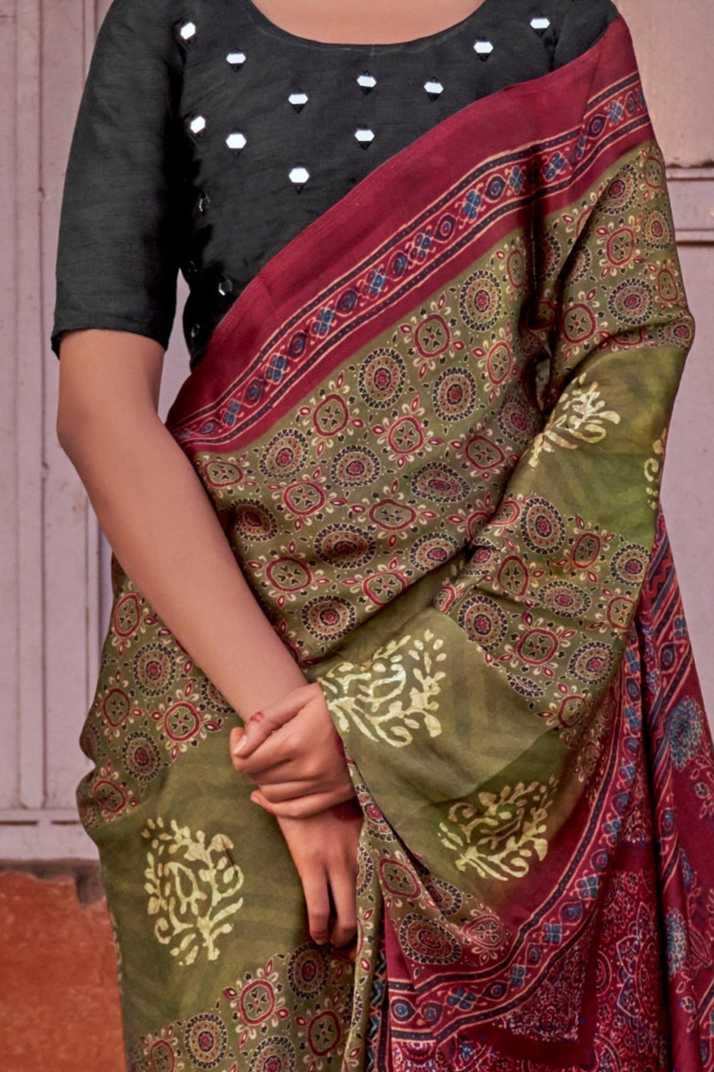 MySilkLove Locust Green and Maroon Ajrakh Handprinted Satin Saree