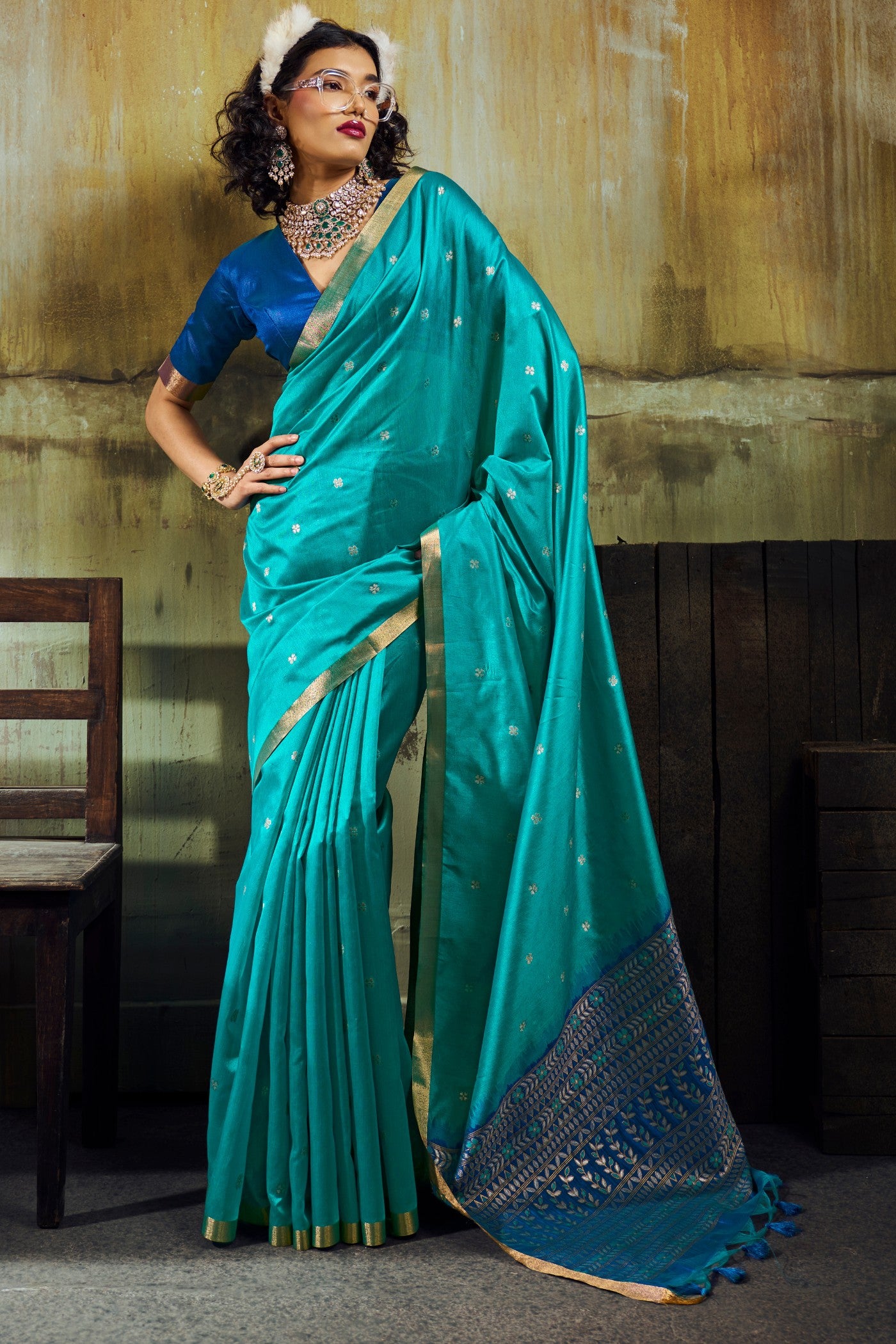 Buy MySilkLove Aqua Blue Tussar Handloom Silk Saree Online
