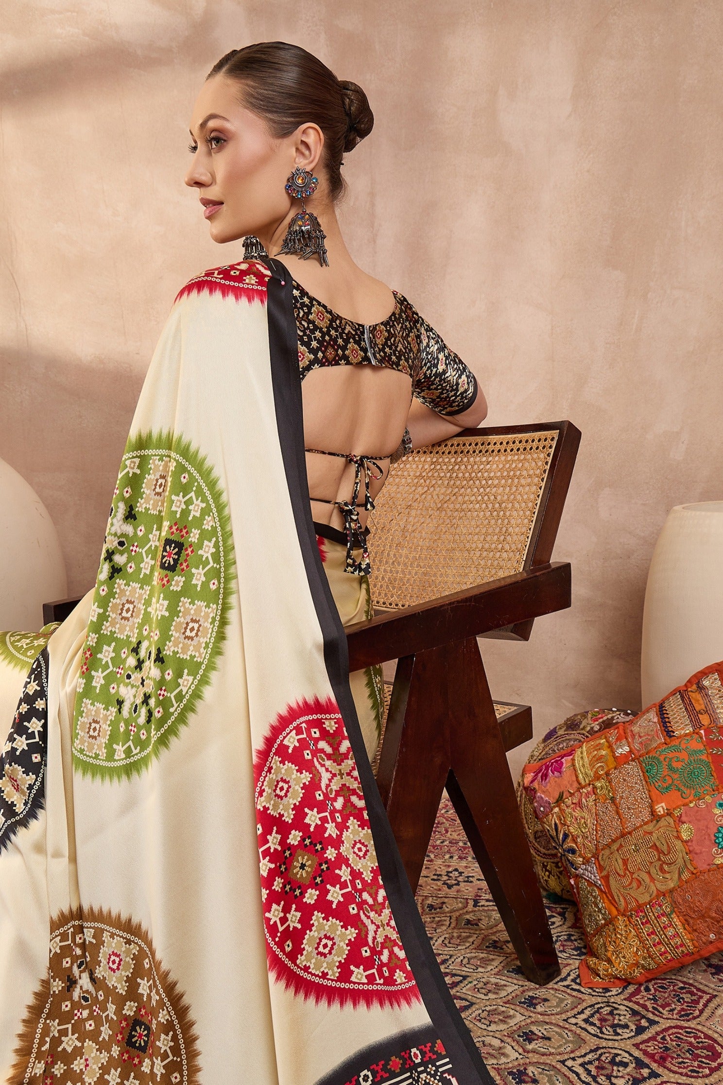 Buy MySilkLove Pastel Cream and Black Modal Ajrakh Printed Silk Saree Online