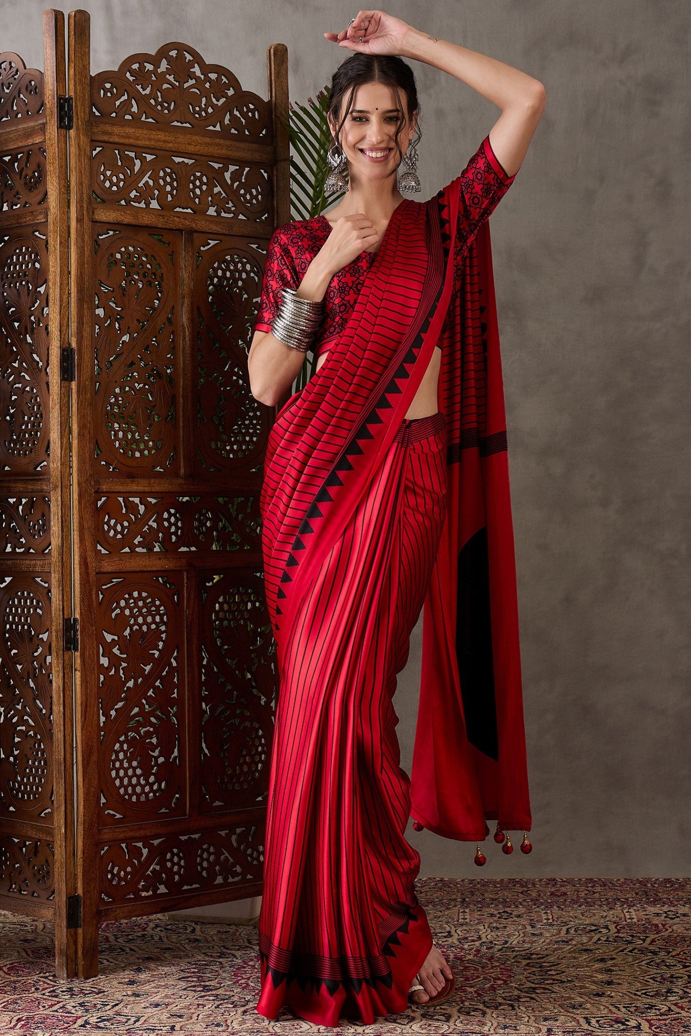 Buy MySilkLove Rose Red Printed Satin Gaji Silk Saree Online