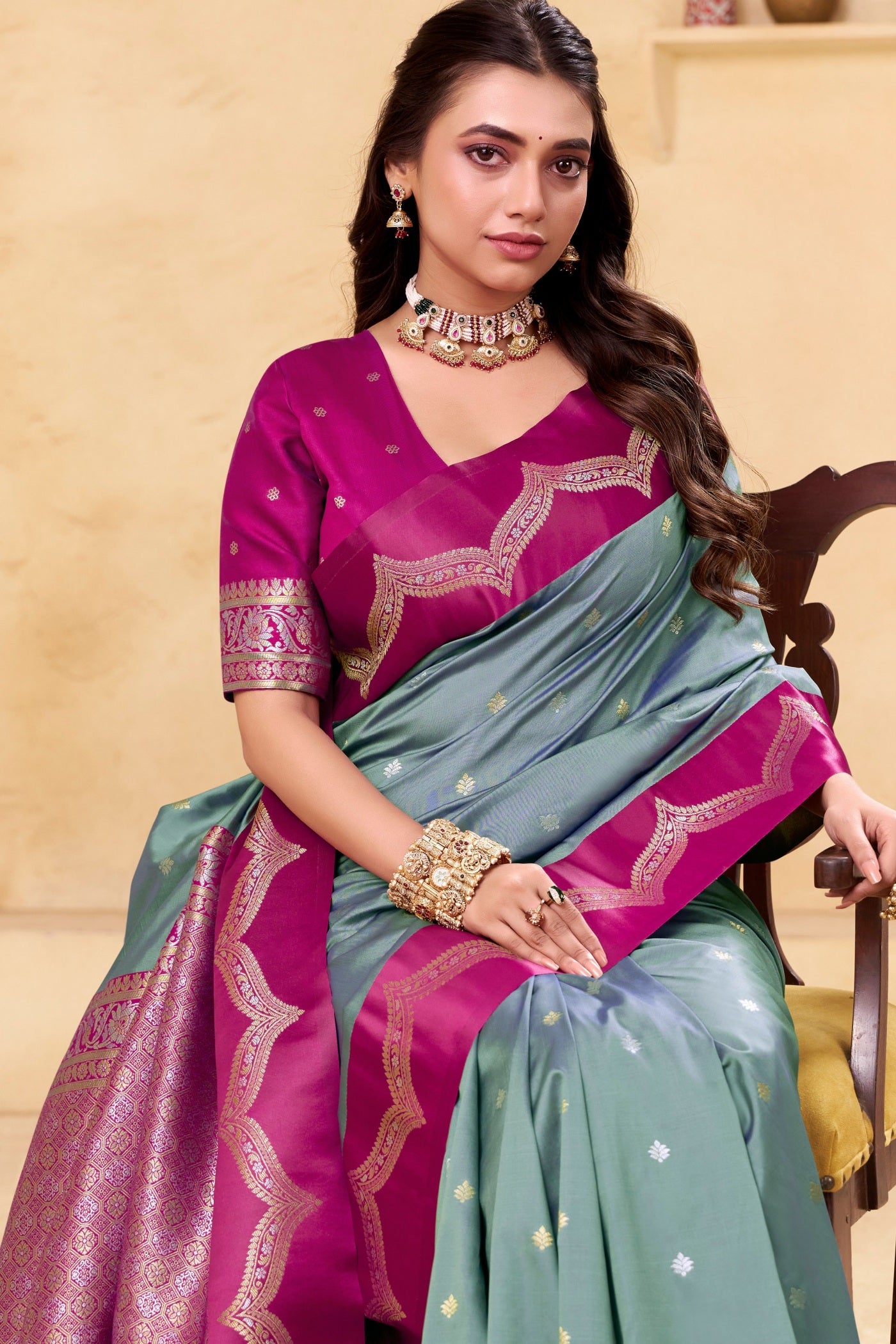 MySilkLove Santas Grey Woven Banarasi Satin Soft Silk Saree