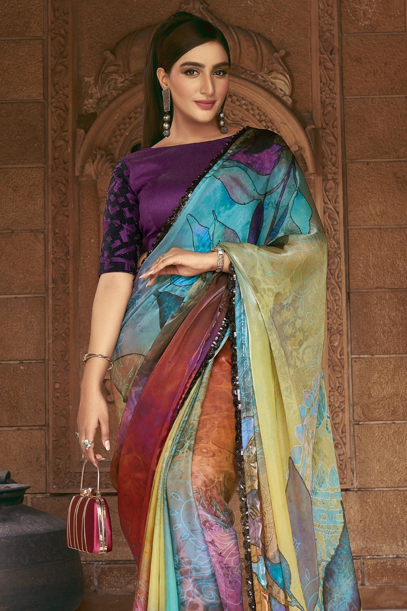 Buy MySilkLove Multicolor Blue Satin Printed Silk Saree Online